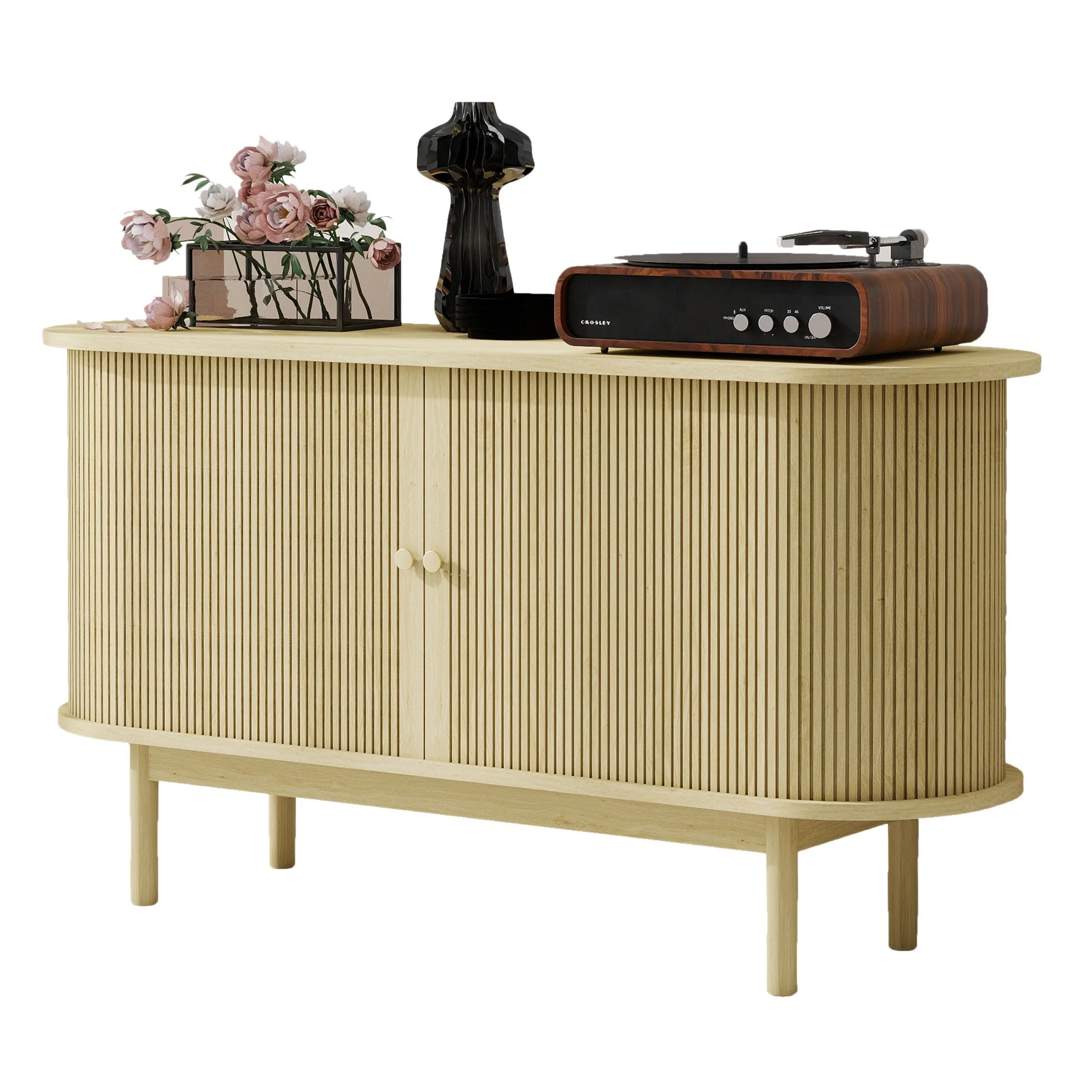Sideboard, Retro Modern Slatted with Sliding Doors, 138cm Adjustable Shelves, Natural Wood - Image 4