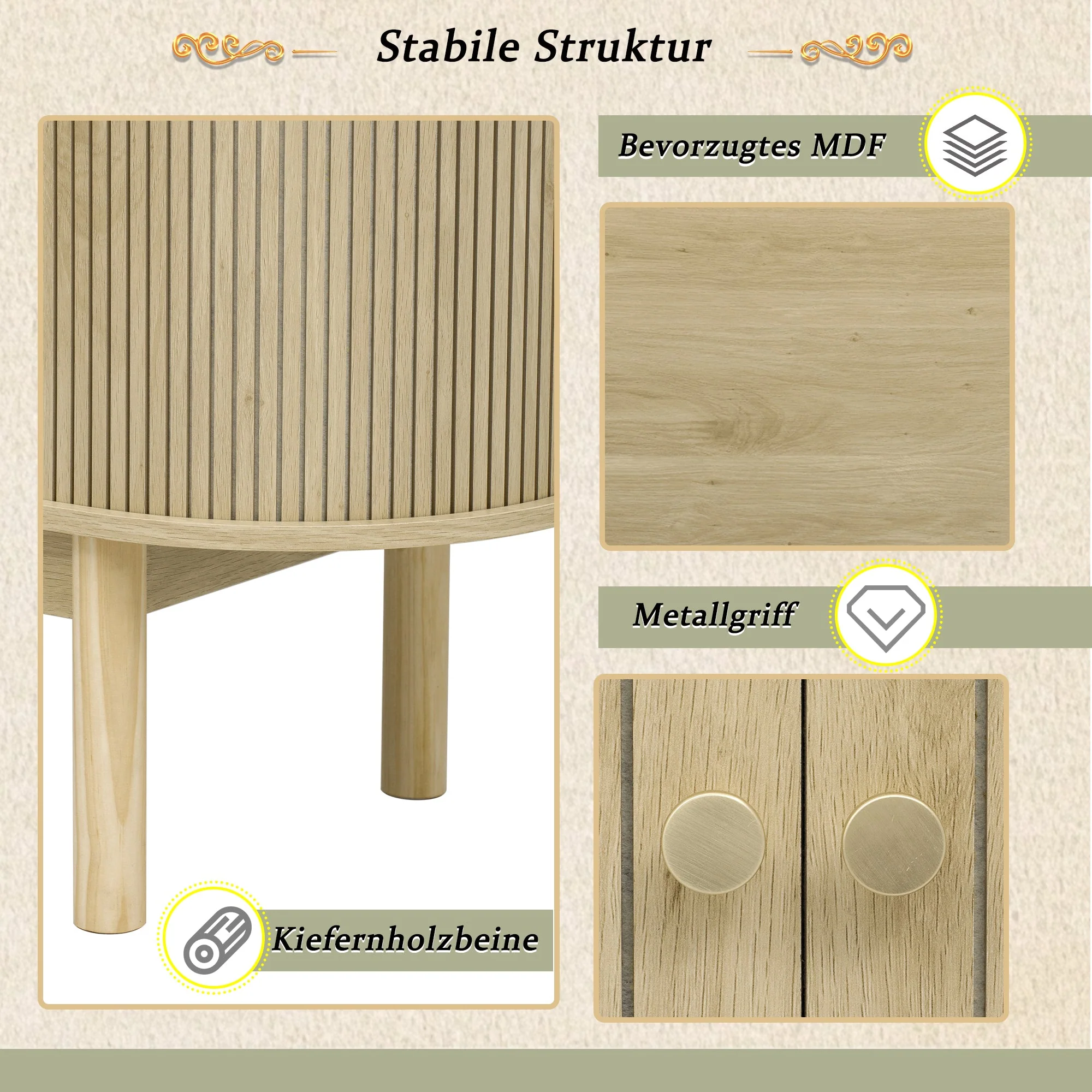 Sideboard, Retro Modern Slatted with Sliding Doors, 138cm Adjustable Shelves, Natural Wood - Image 7