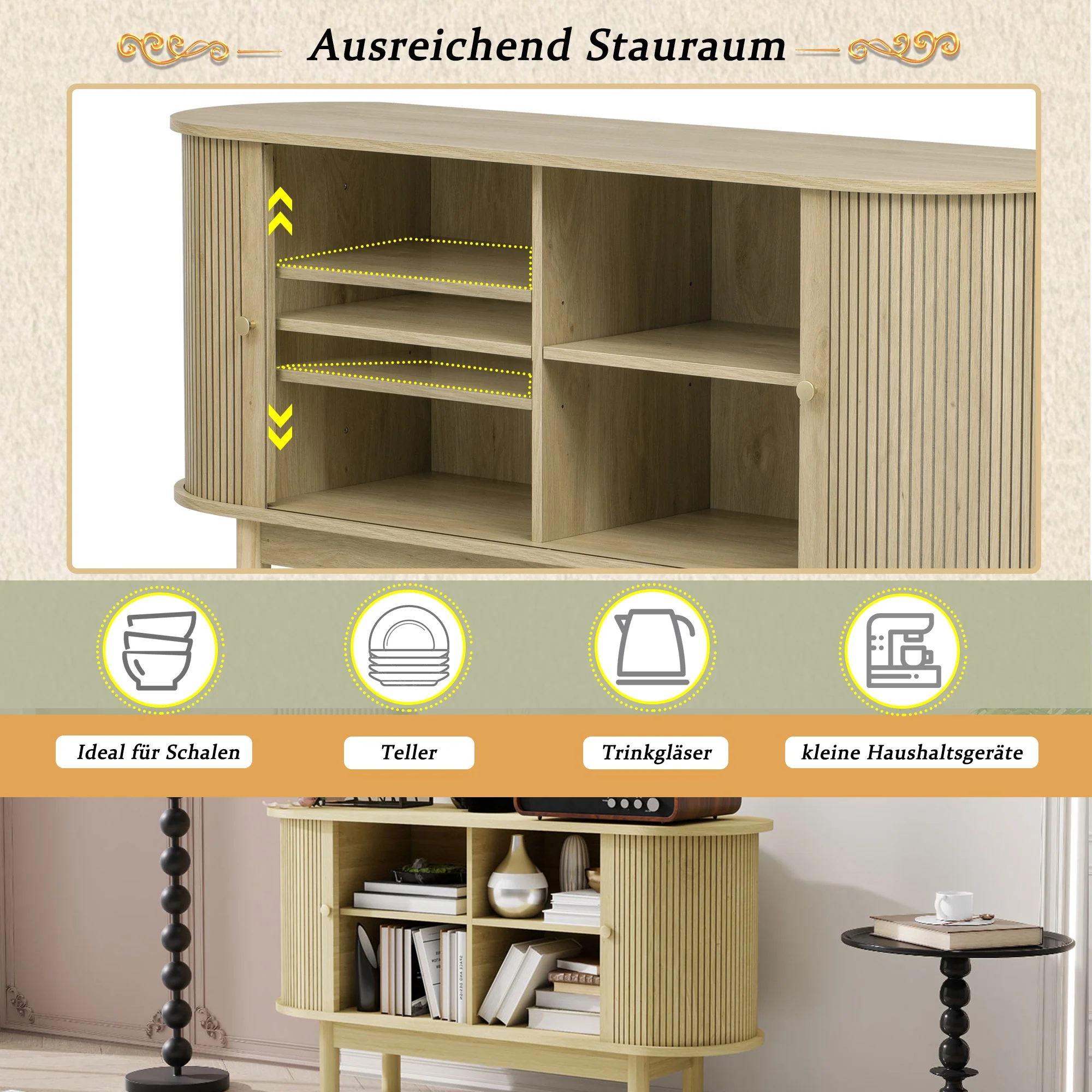 Sideboard, Retro Modern Slatted with Sliding Doors, 138cm Adjustable Shelves, Natural Wood - Image 8