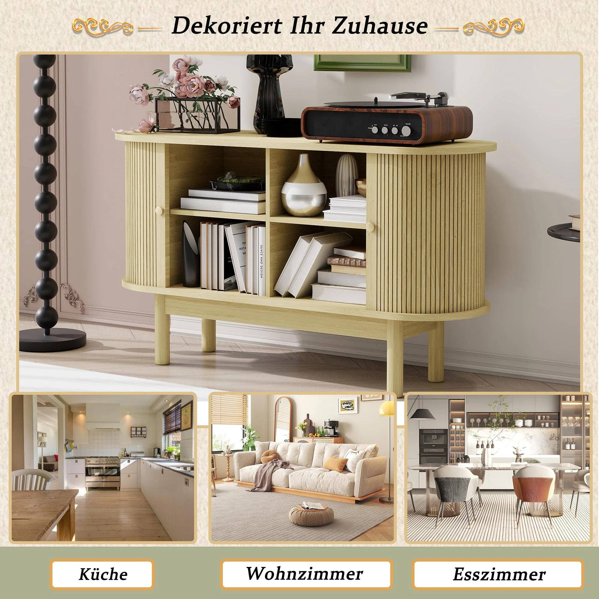 Sideboard, Retro Modern Slatted with Sliding Doors, 138cm Adjustable Shelves, Natural Wood - Image 9