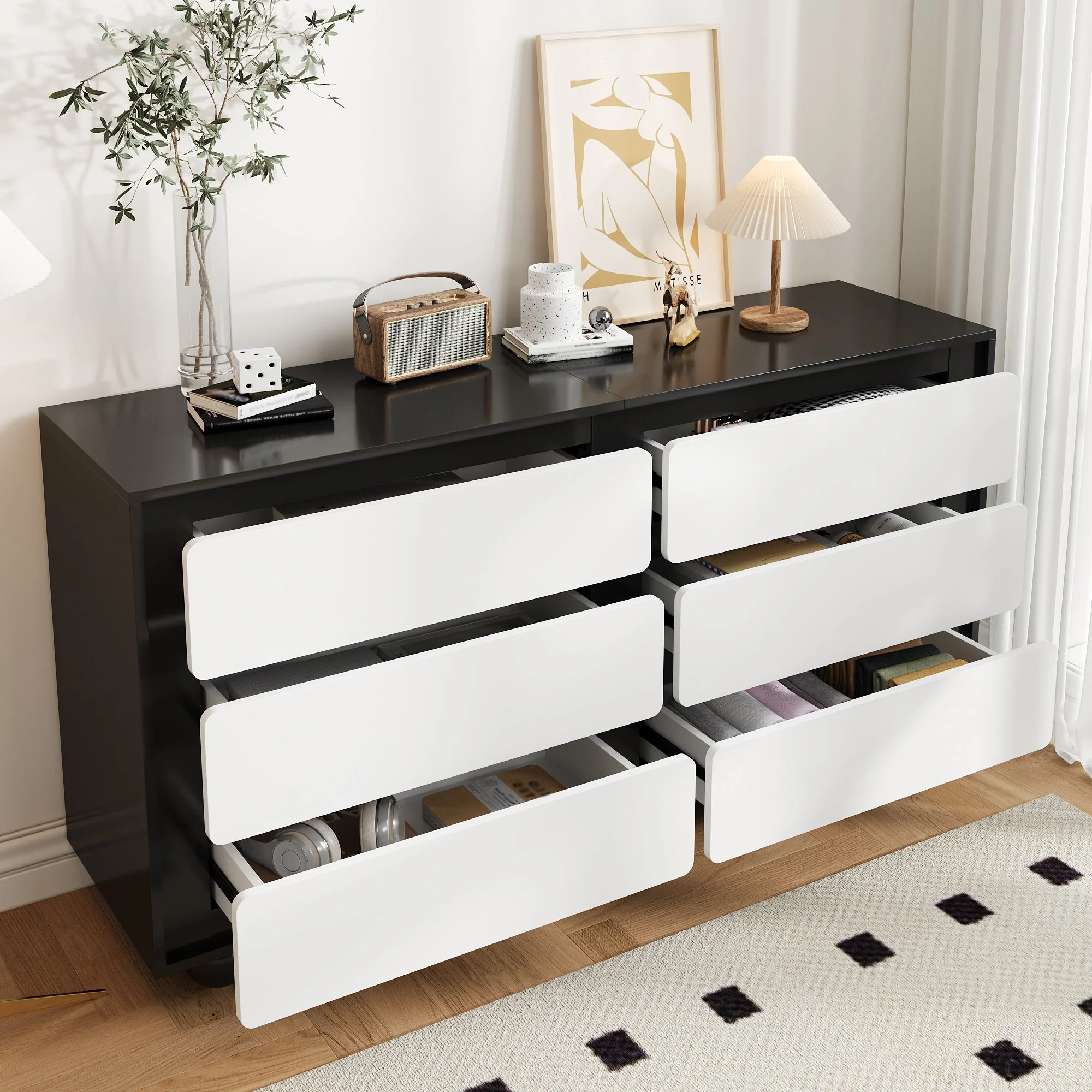 Sideboard, Six-Drawer Chest & Dressing Table, Modern, Black & White - Image 6