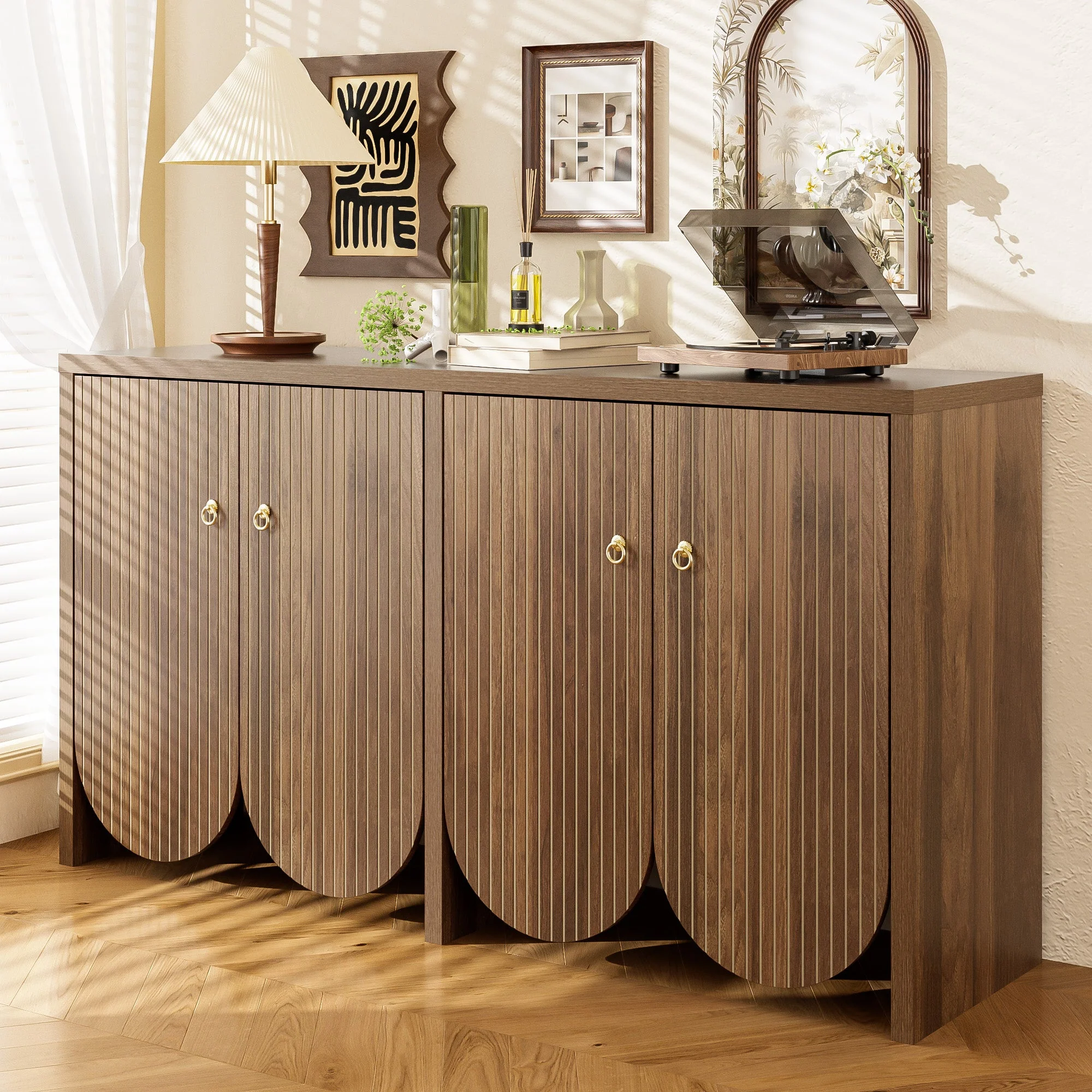 Sideboard Storage Cabinet 4 Doors Adjustable Shelves, Walnut Finish