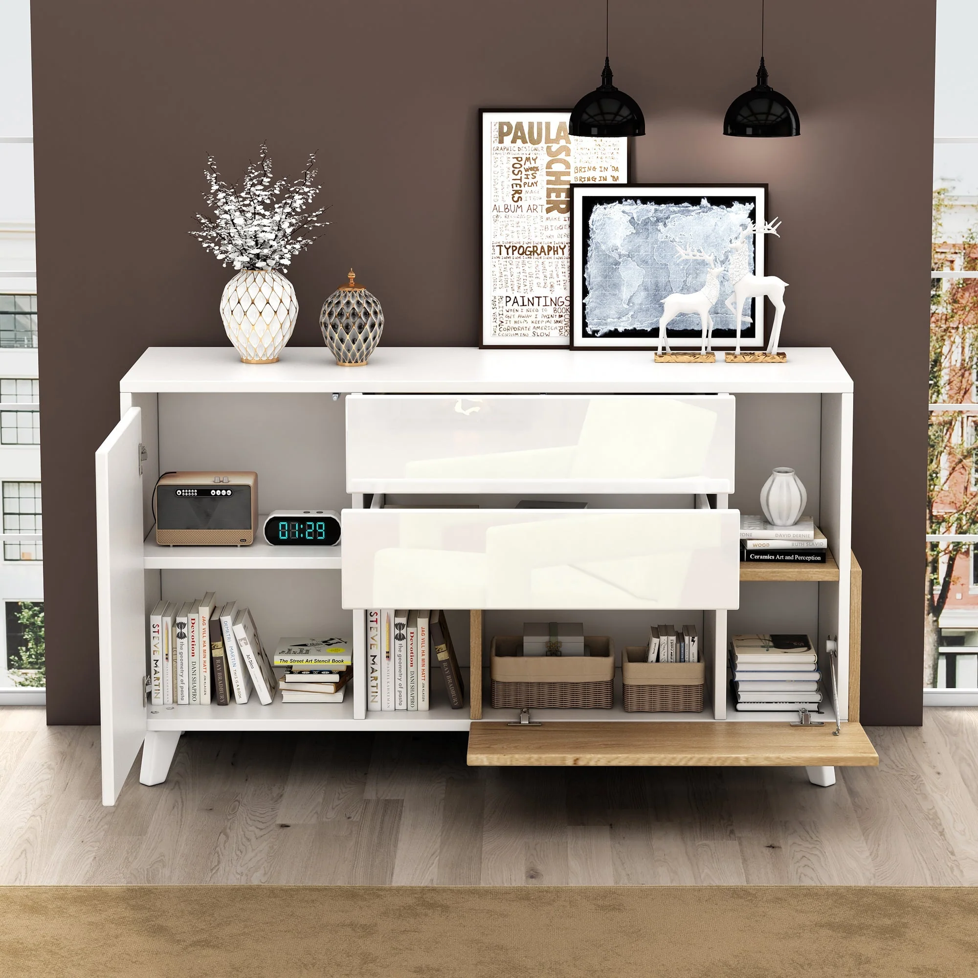 Sideboard, Storage, High-Gloss White Wood - Image 5