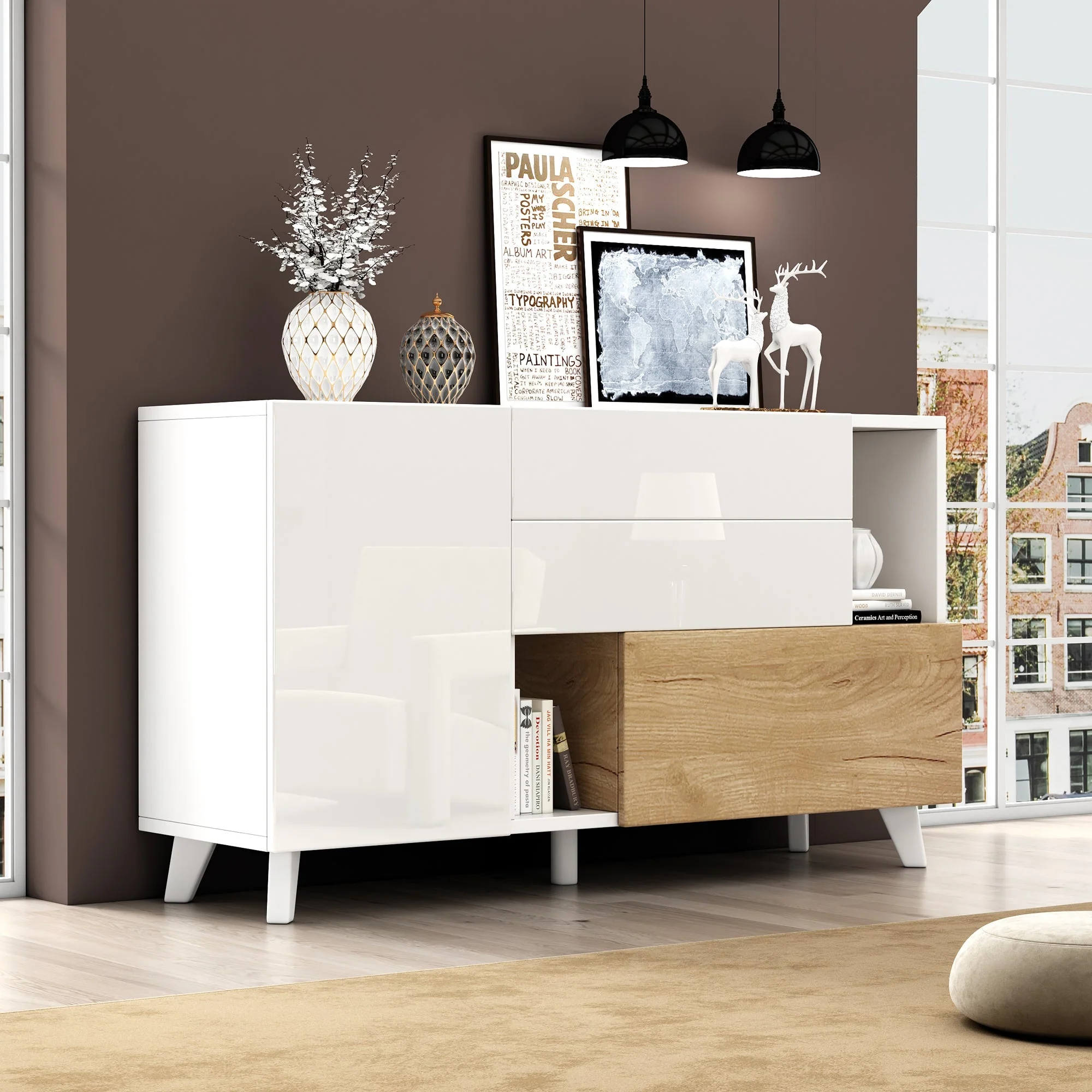 Sideboard, Storage, High-Gloss White Wood - Image 6