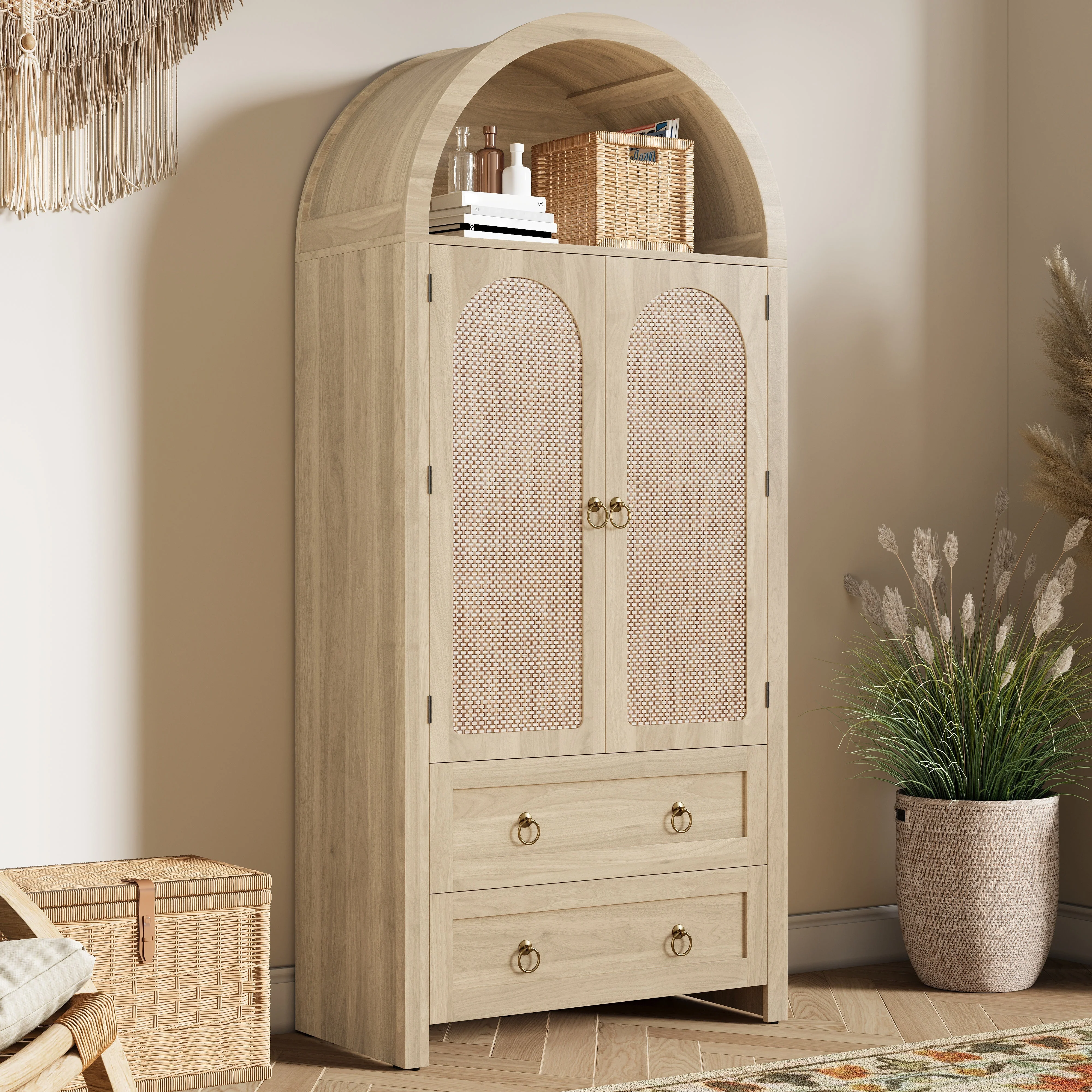 Sideboard Vintage Wickerwork Arch Double Drawer Storage Cabinet - Image 10