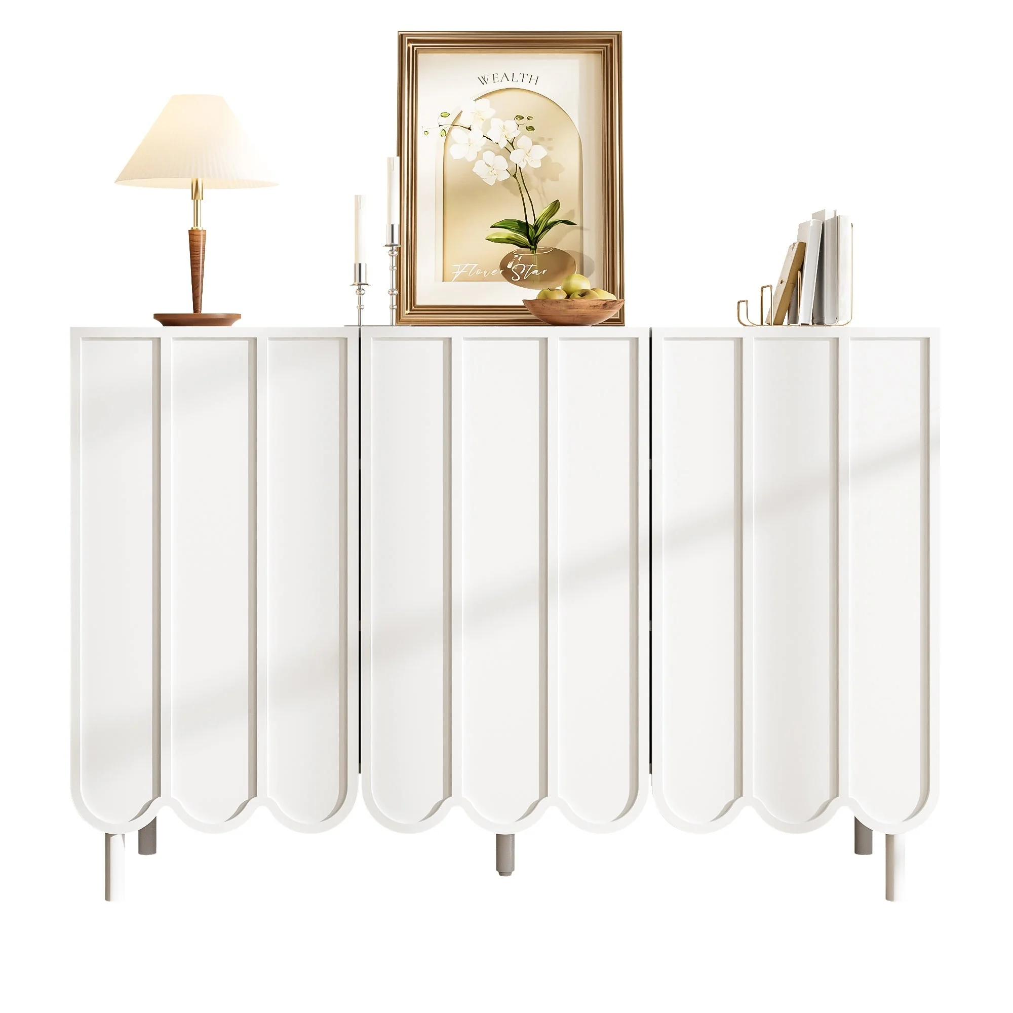 Sideboard, Wave Doors, Handleless, Adjustable Shelves, White - Image 2