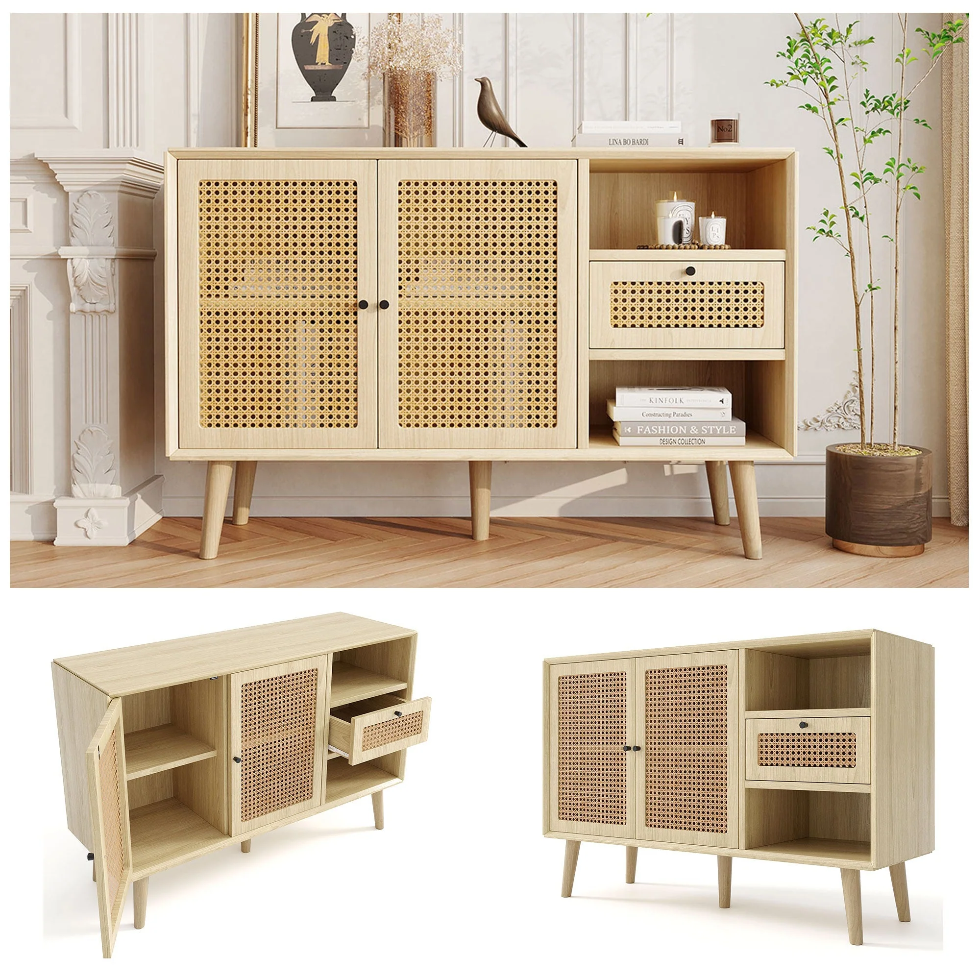 Sideboard with 1 Drawer 2 Rattan Magnetic Doors Adjustable Shelves, Oak