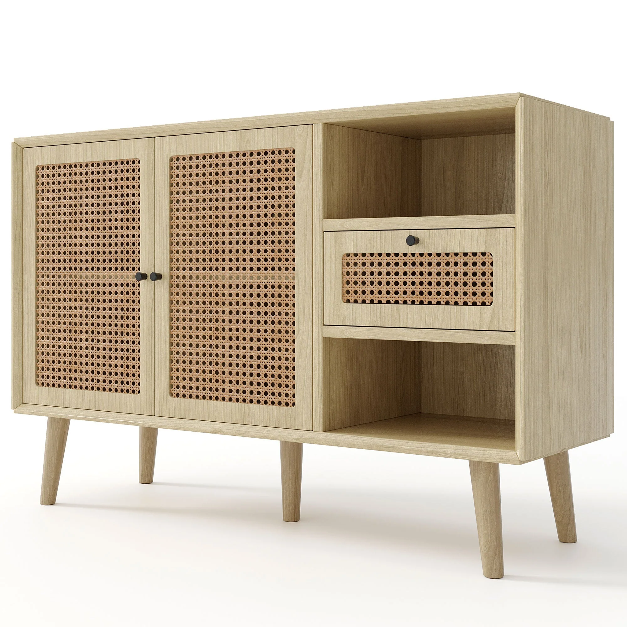 Sideboard with 1 Drawer 2 Rattan Magnetic Doors Adjustable Shelves, Oak - Image 10