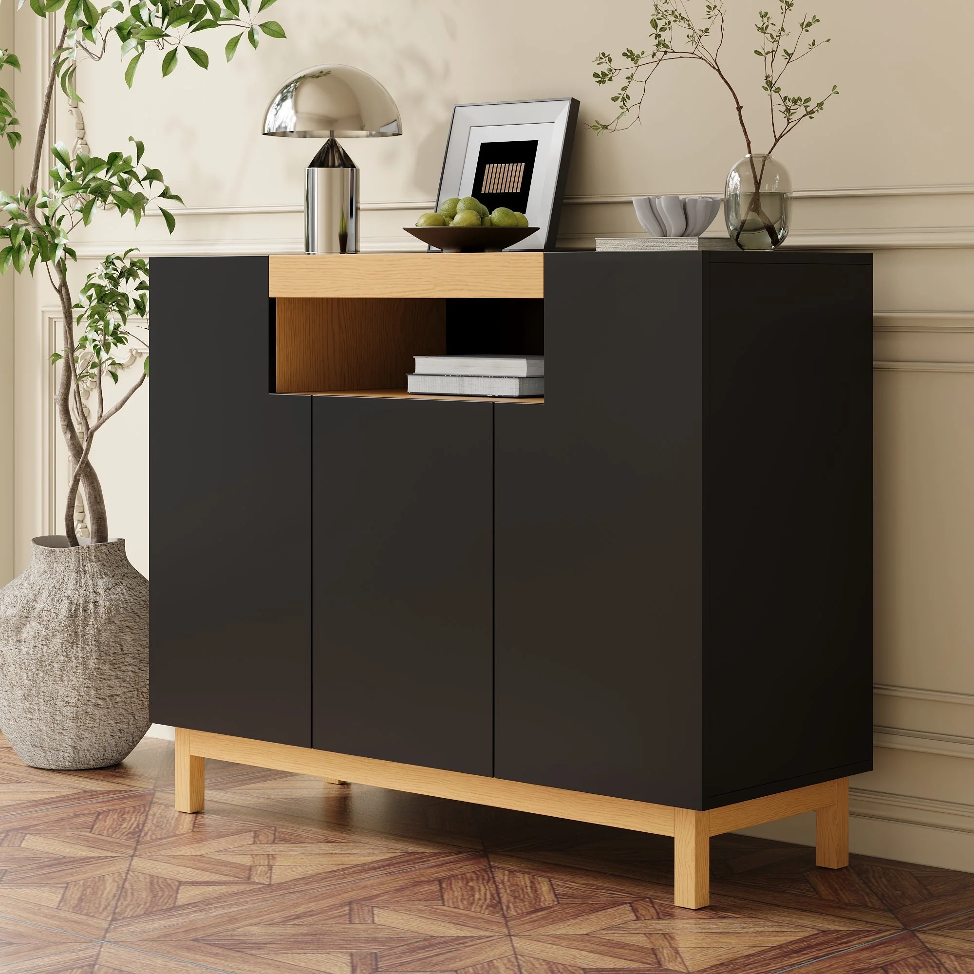 Sideboard with 3 Doors and Open Compartment, Black and Wood Finish - Image 6