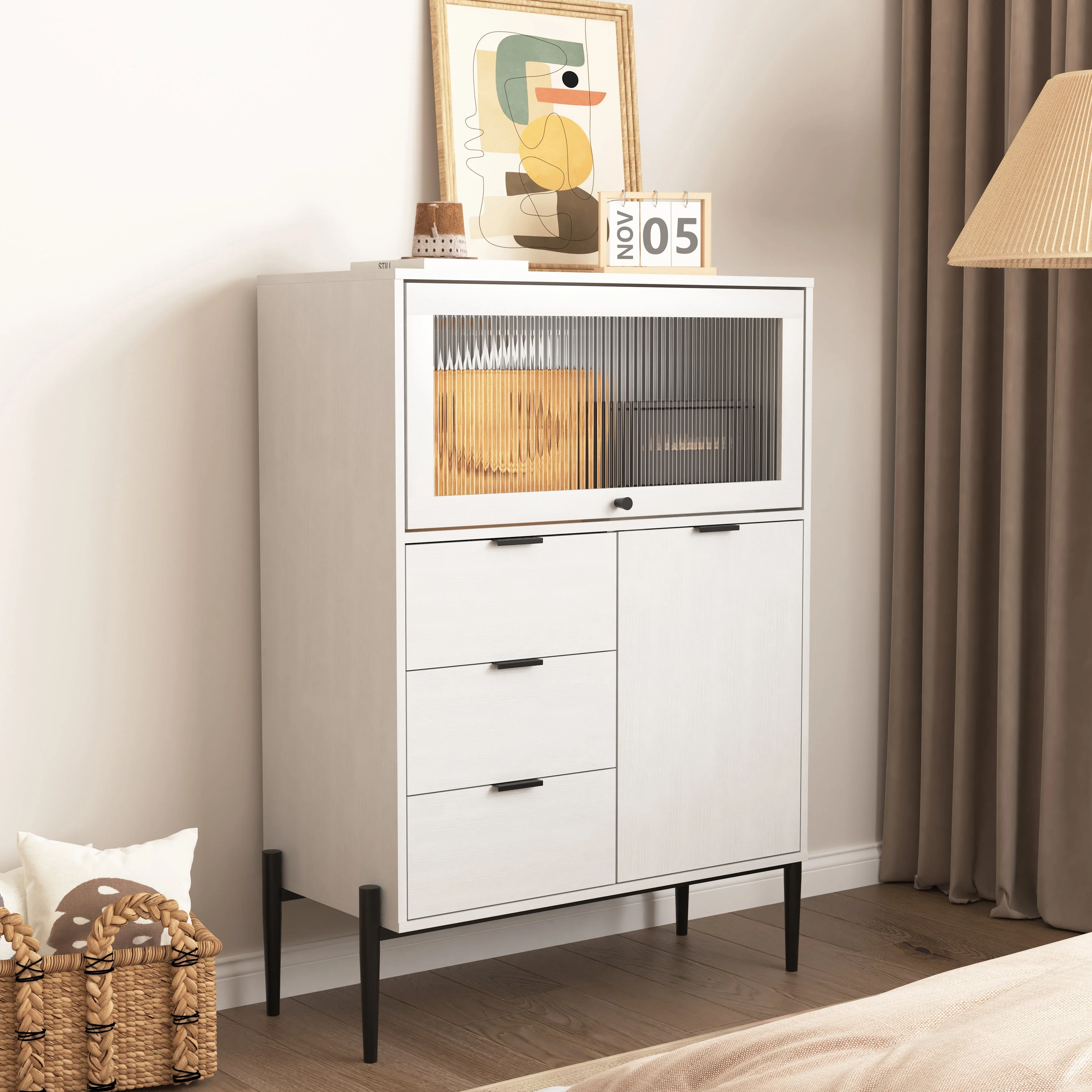 Sideboard with 3 Drawers 1 Glass Door Storage 85x40x120cm - Wooden - Image 6