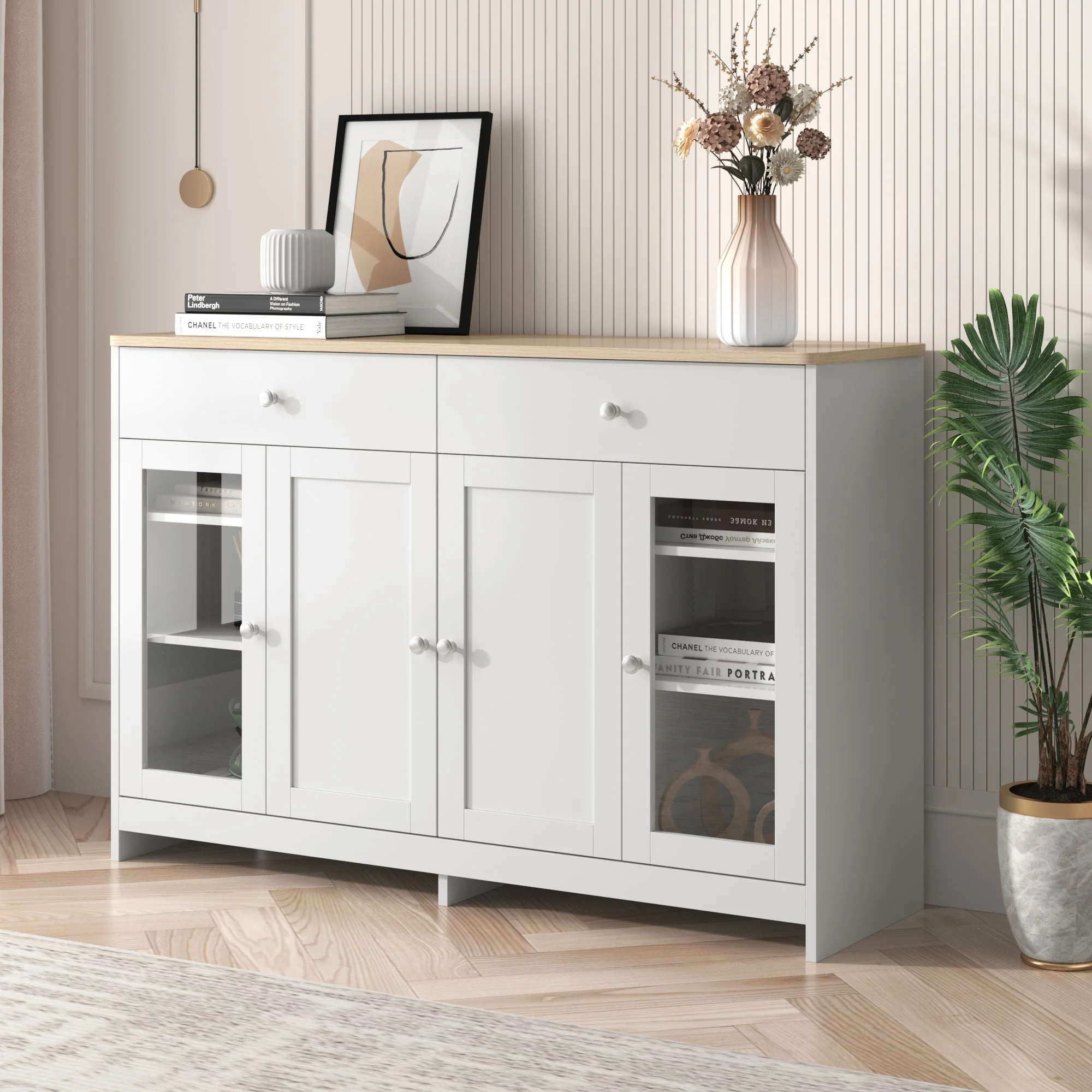 Sideboard with 4 Doors, 2 Drawers and 1 Glass Door, Wood and White - Image 2