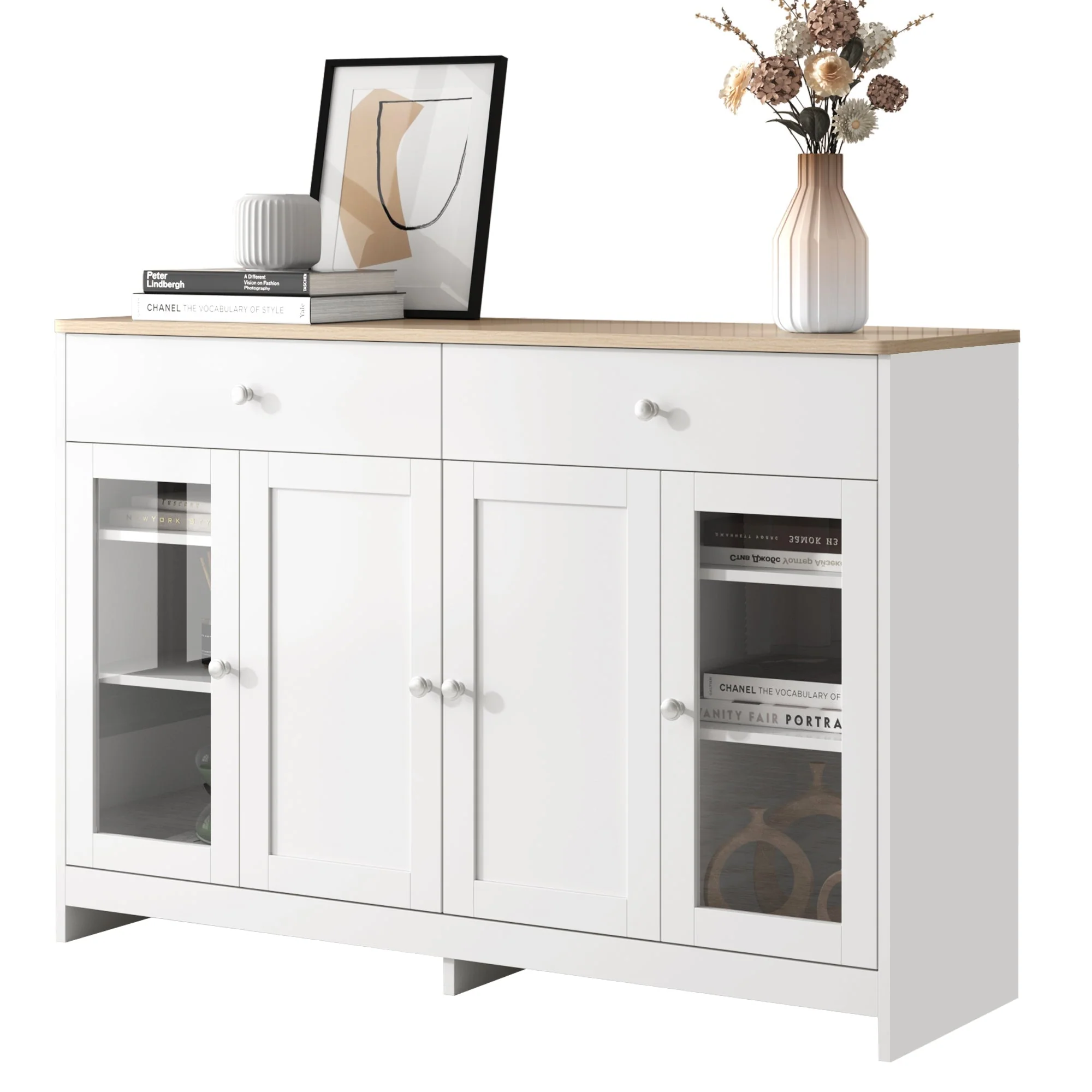 Sideboard with 4 Doors, 2 Drawers and 1 Glass Door, Wood and White - Image 6