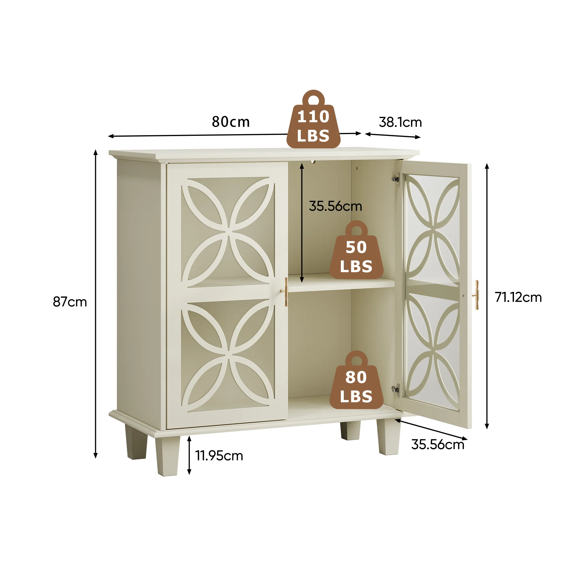Sideboard with adjustable shelves, two doors, cream - Image 2
