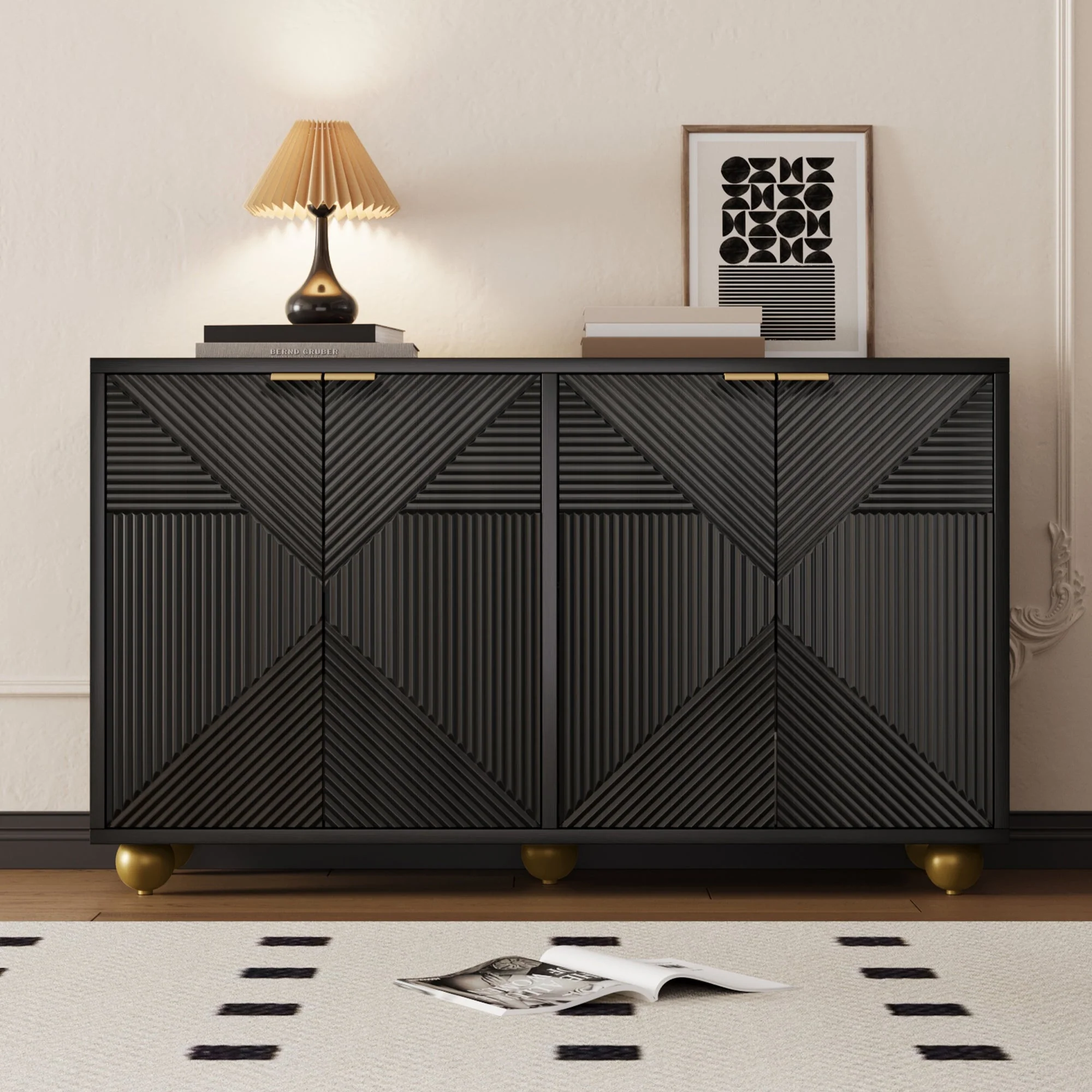 Sideboard with Four Molded Doors and Adjustable Shelves, Metal Handles and Ball-Shaped Legs - Image 9