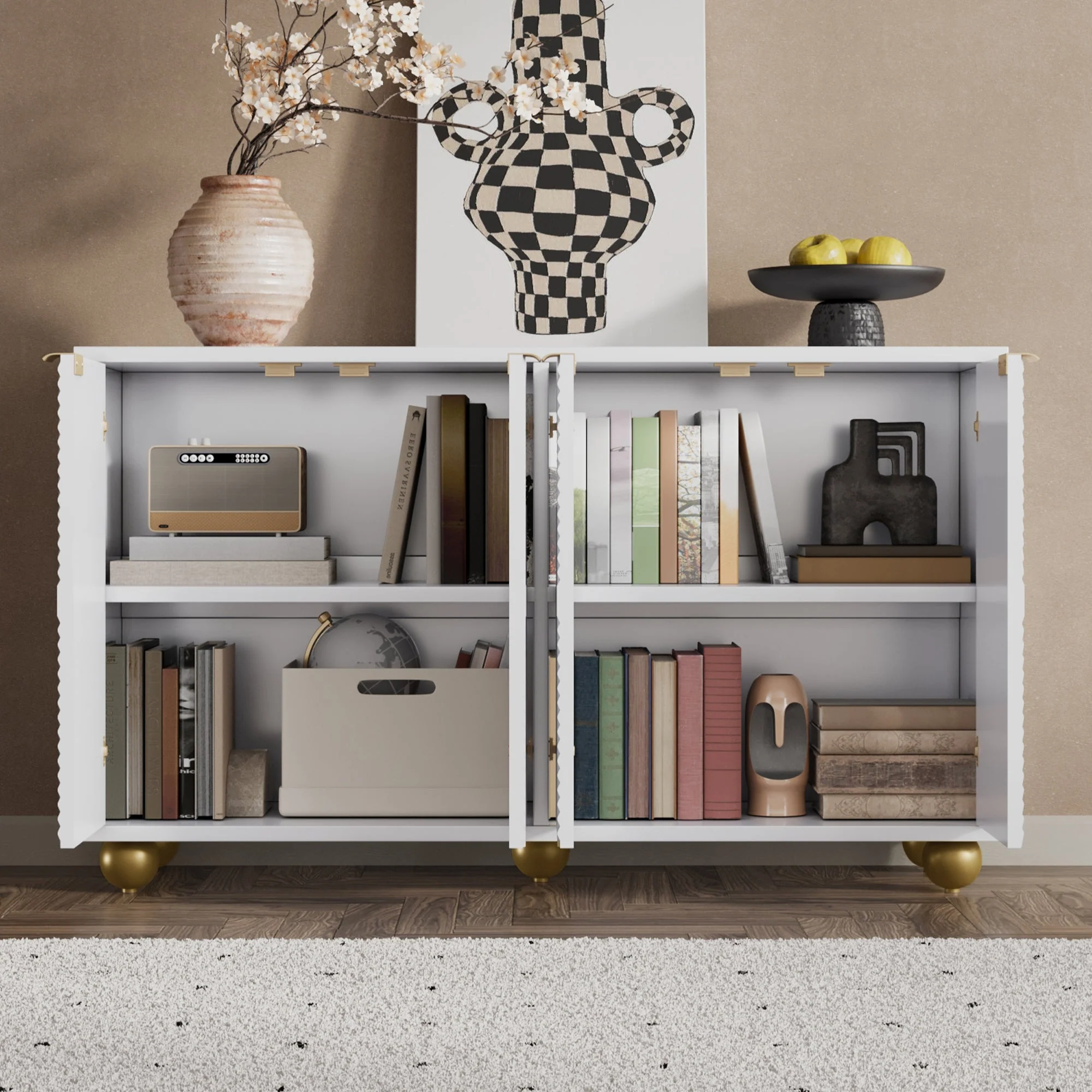 Sideboard with Four Molded Doors and Adjustable Shelves, Wood and Metal - Image 5