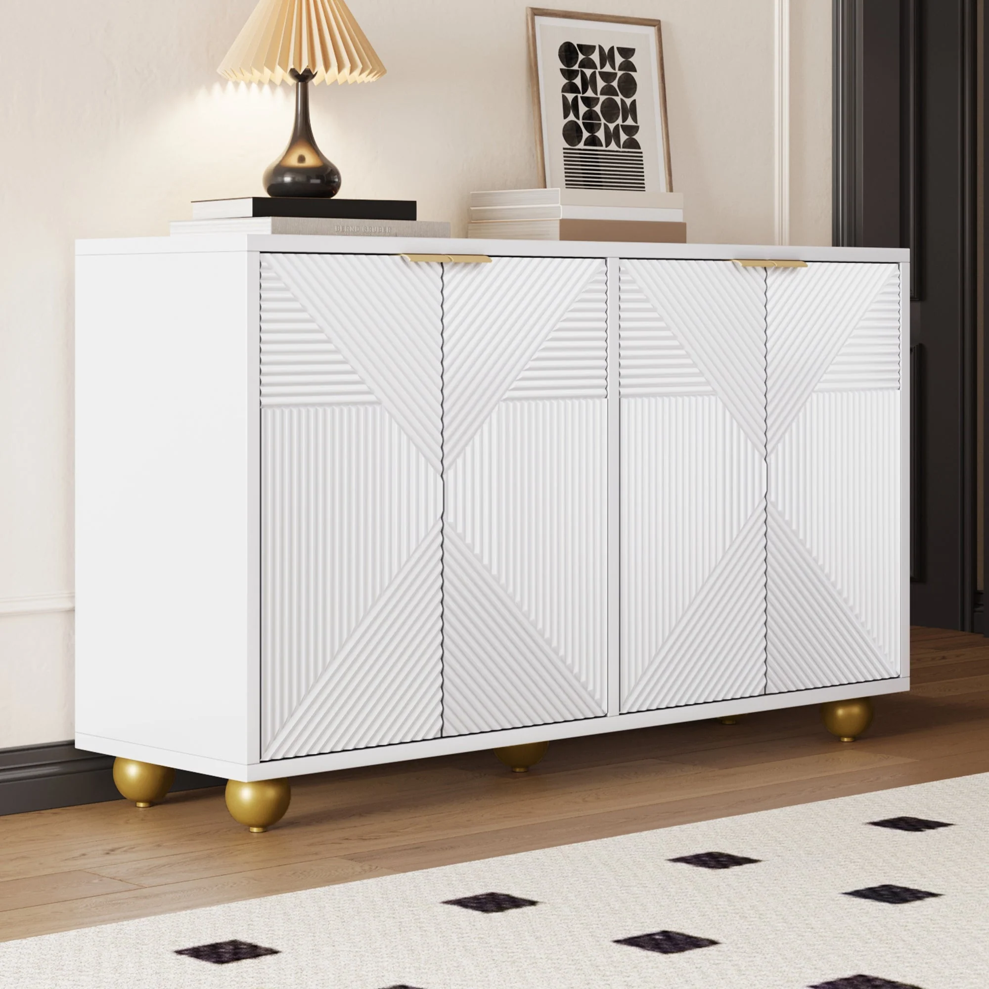 Sideboard with Four Molded Doors and Adjustable Shelves, Wood and Metal - Image 7