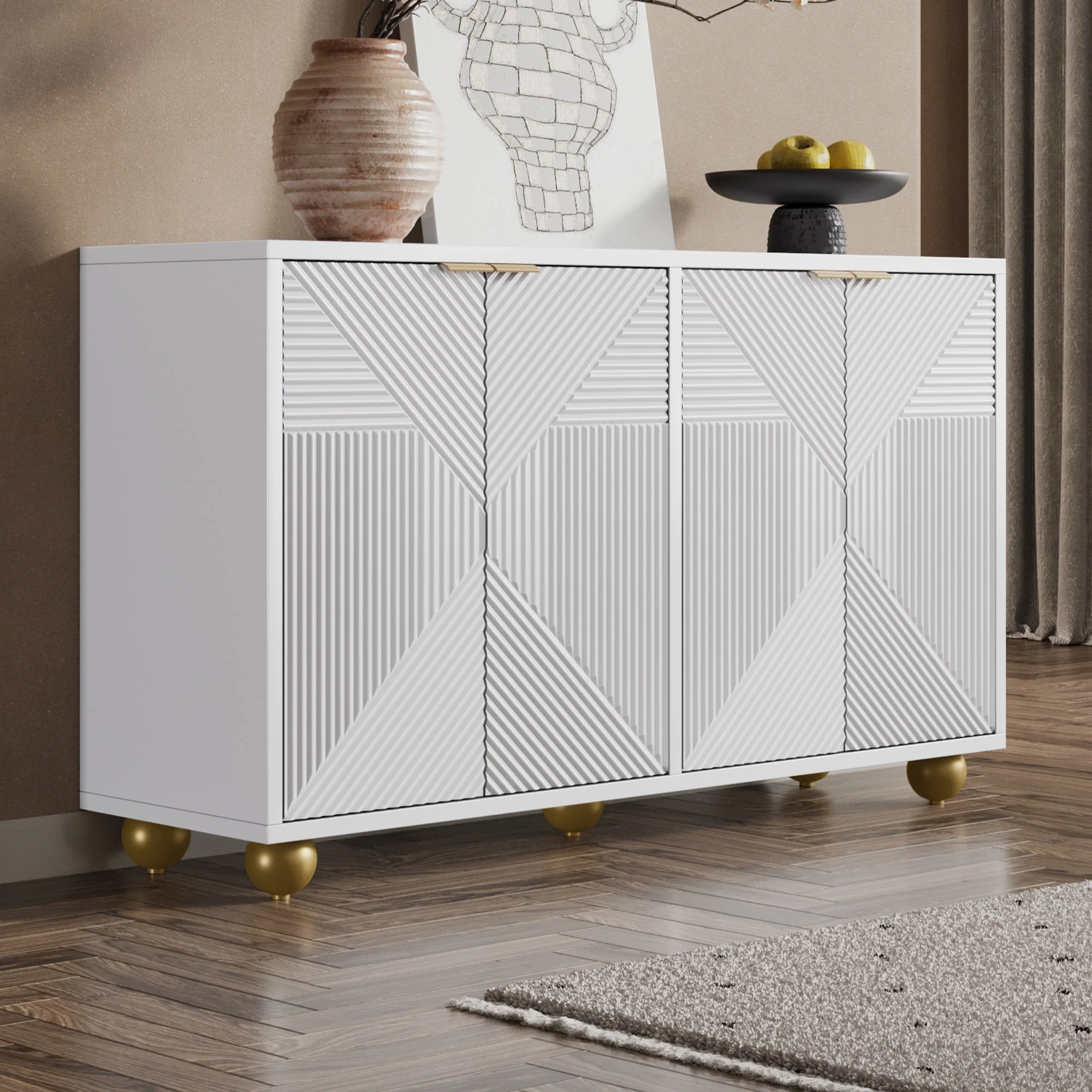 Sideboard with Four Molded Doors and Adjustable Shelves, Wood and Metal - Image 9
