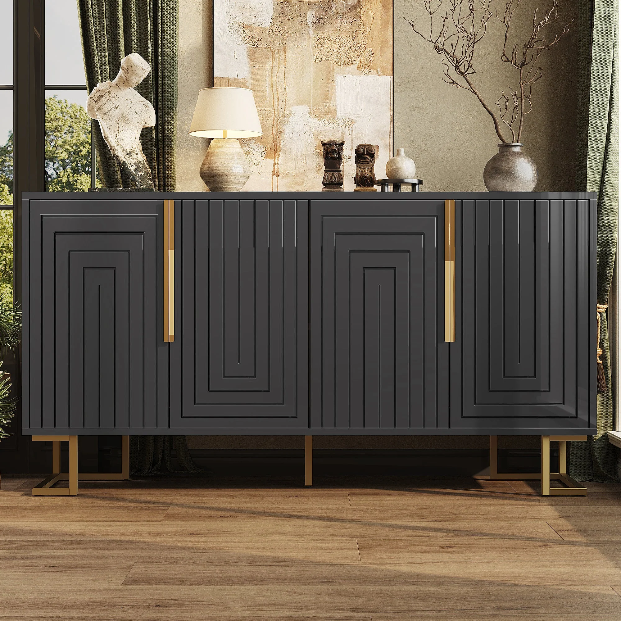 Sideboard with Geometric Design and Gold Accents, 152 x 40 x 75 cm, Black - Image 2