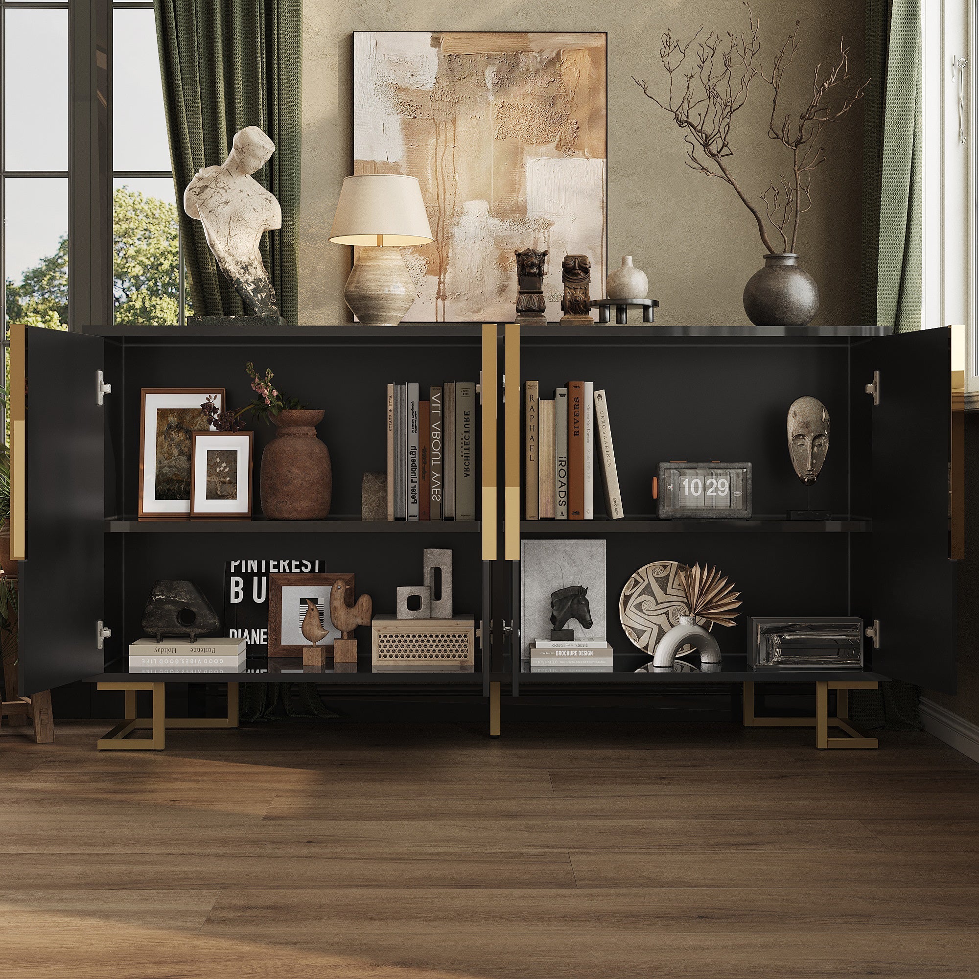 Sideboard with Geometric Design and Gold Accents, 152 x 40 x 75 cm, Black - Image 3