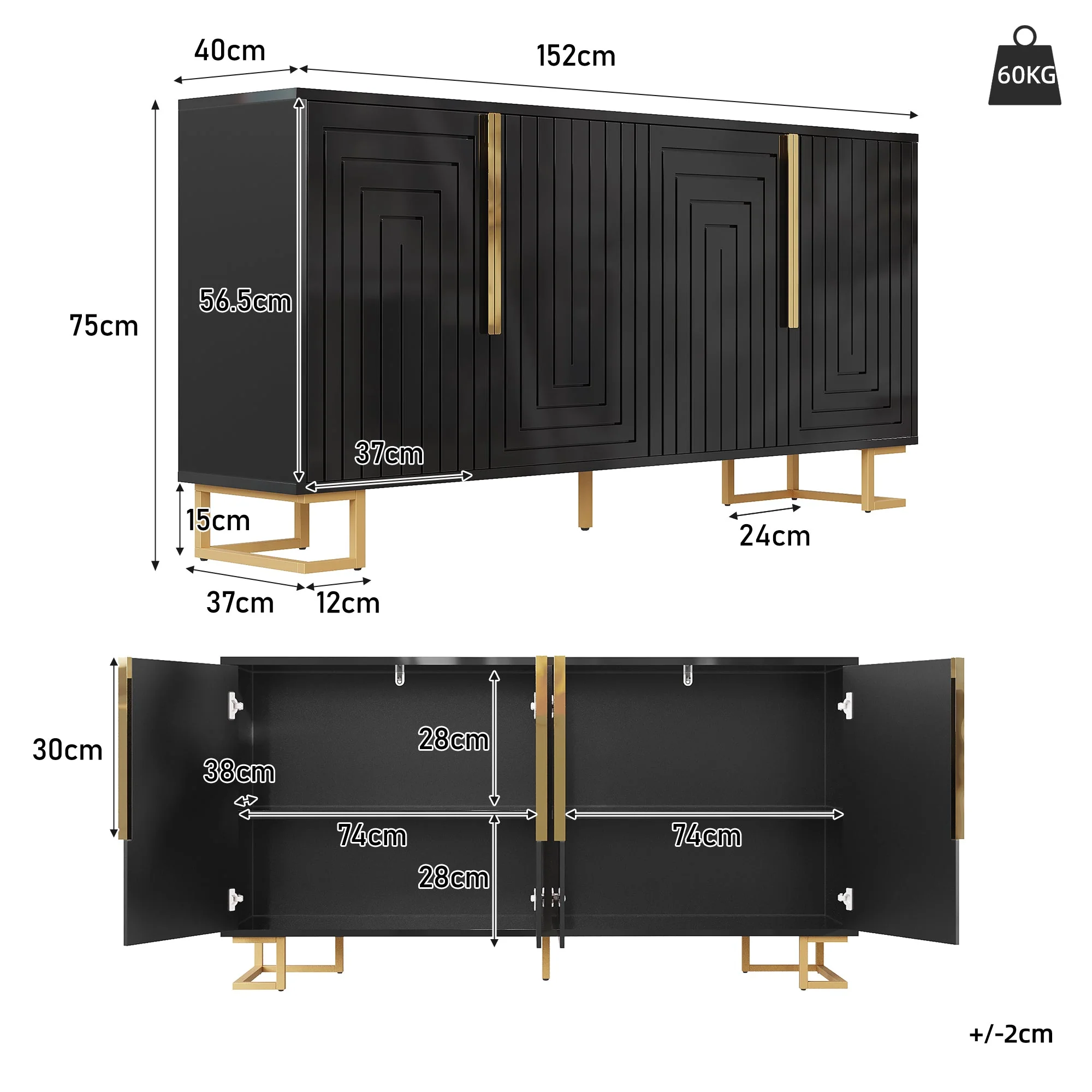 Sideboard with Geometric Design and Gold Accents, 152 x 40 x 75 cm, Black - Image 4