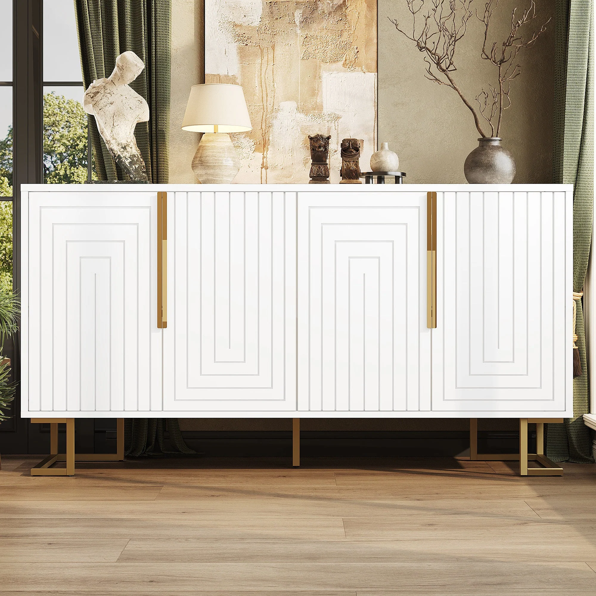 Sideboard with Geometric Design and Gold Handles, 152 x 40 x 75 cm, White - Image 2