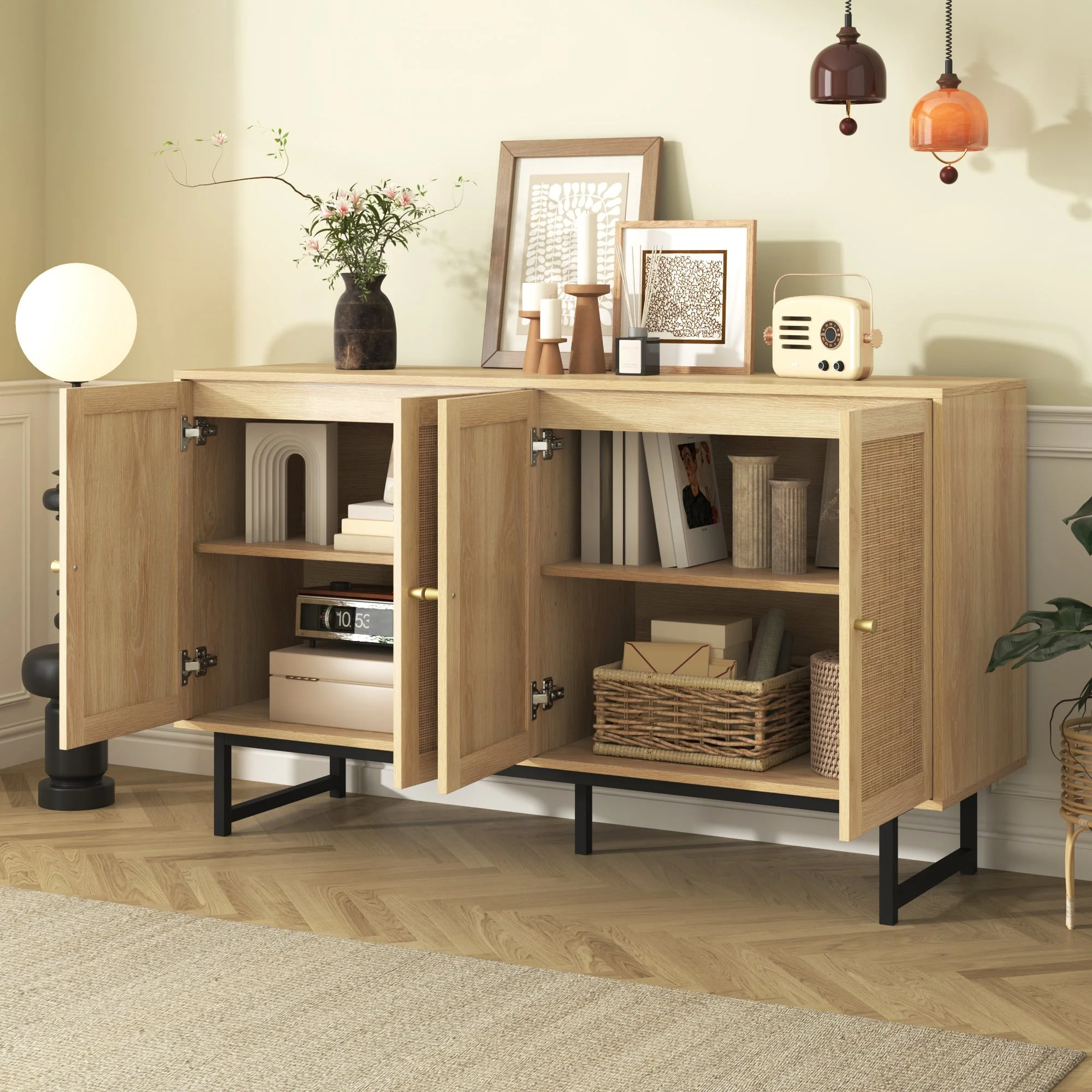 Sideboard with Real Rattan Weave, 4 Doors, 140x39.5x80 cm - Image 4