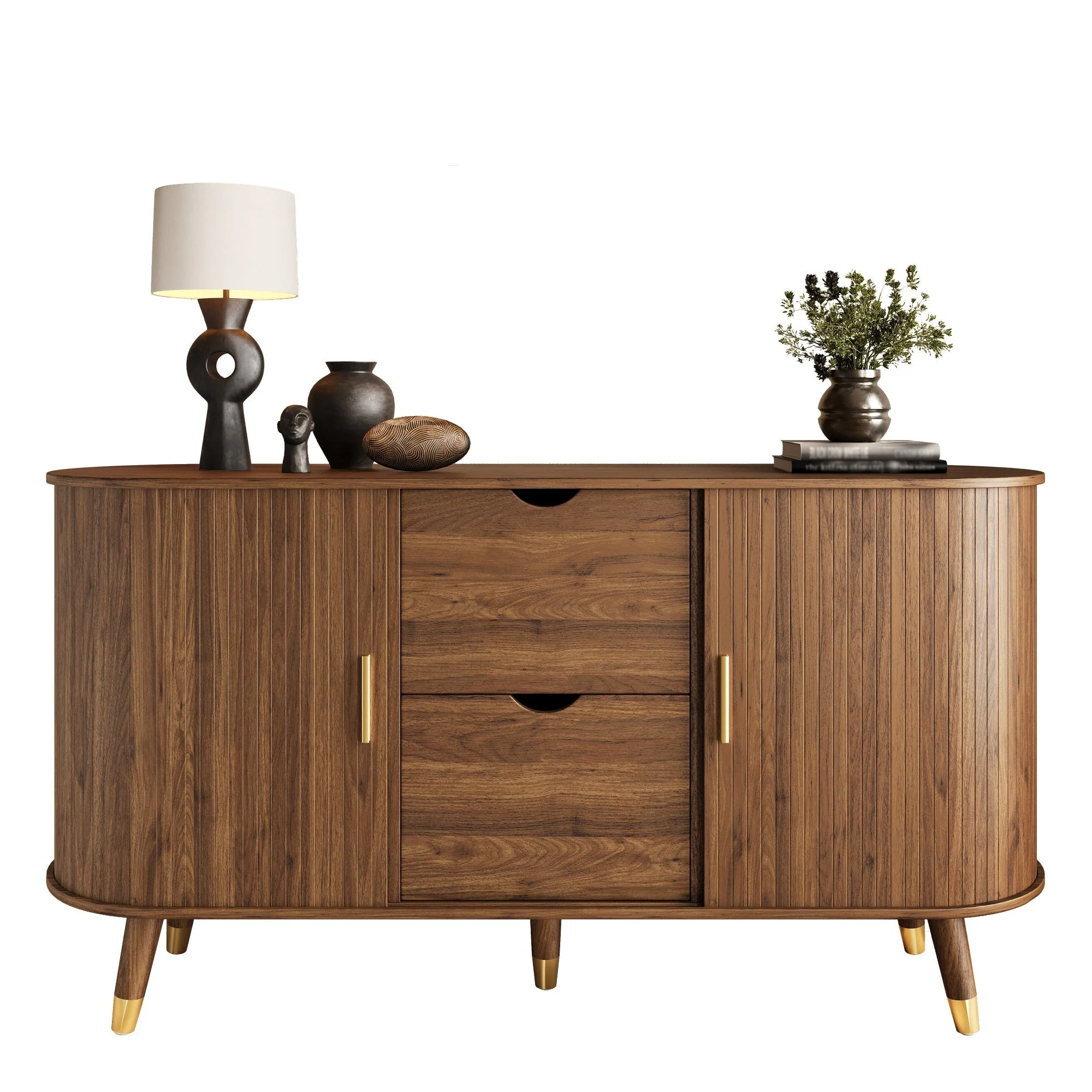 Sideboard with Sliding Doors, Drawers and Rounded Corners, Solid Wood Legs - Image 2