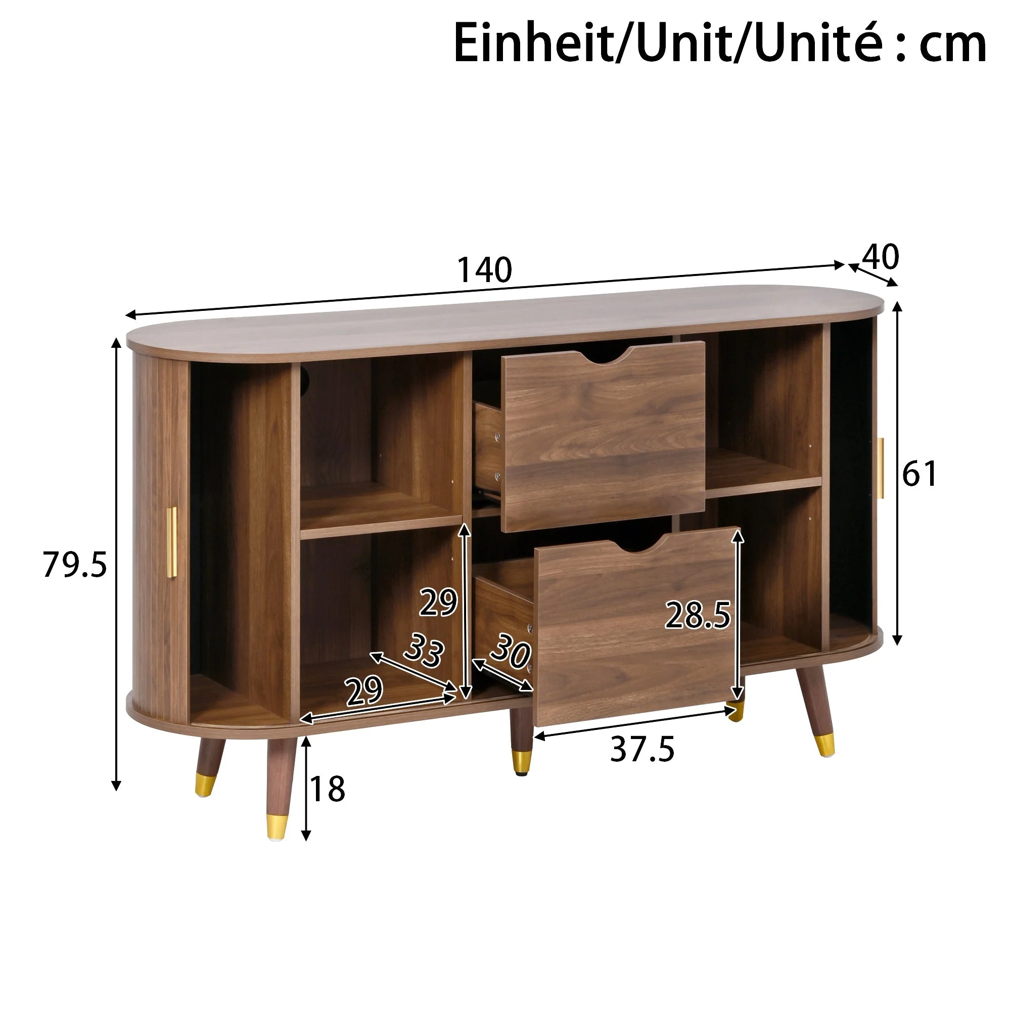 Sideboard with Sliding Doors, Drawers and Rounded Corners, Solid Wood Legs - Image 3