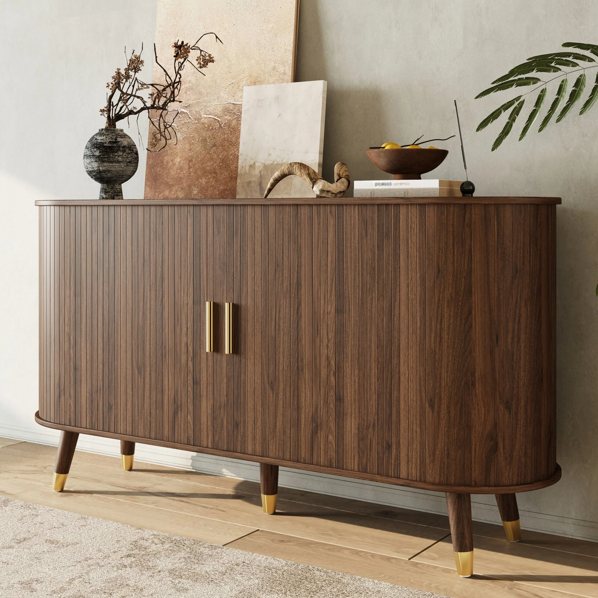 Sideboard with Sliding Doors, Drawers and Rounded Corners, Solid Wood Legs - Image 4