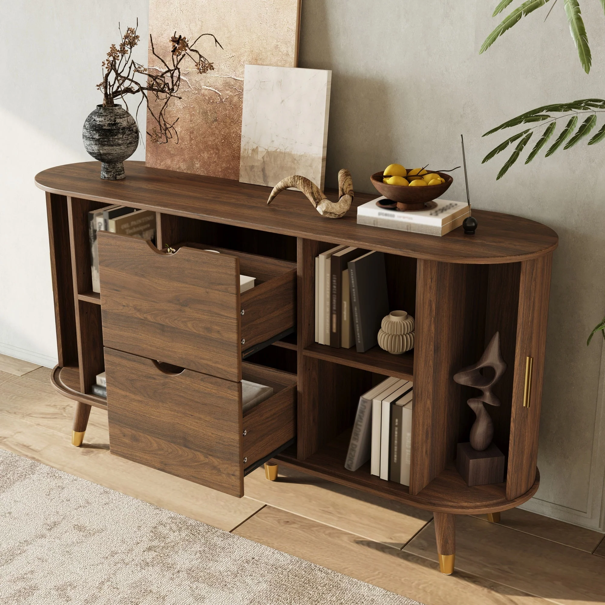 Sideboard with Sliding Doors, Drawers and Rounded Corners, Solid Wood Legs - Image 5