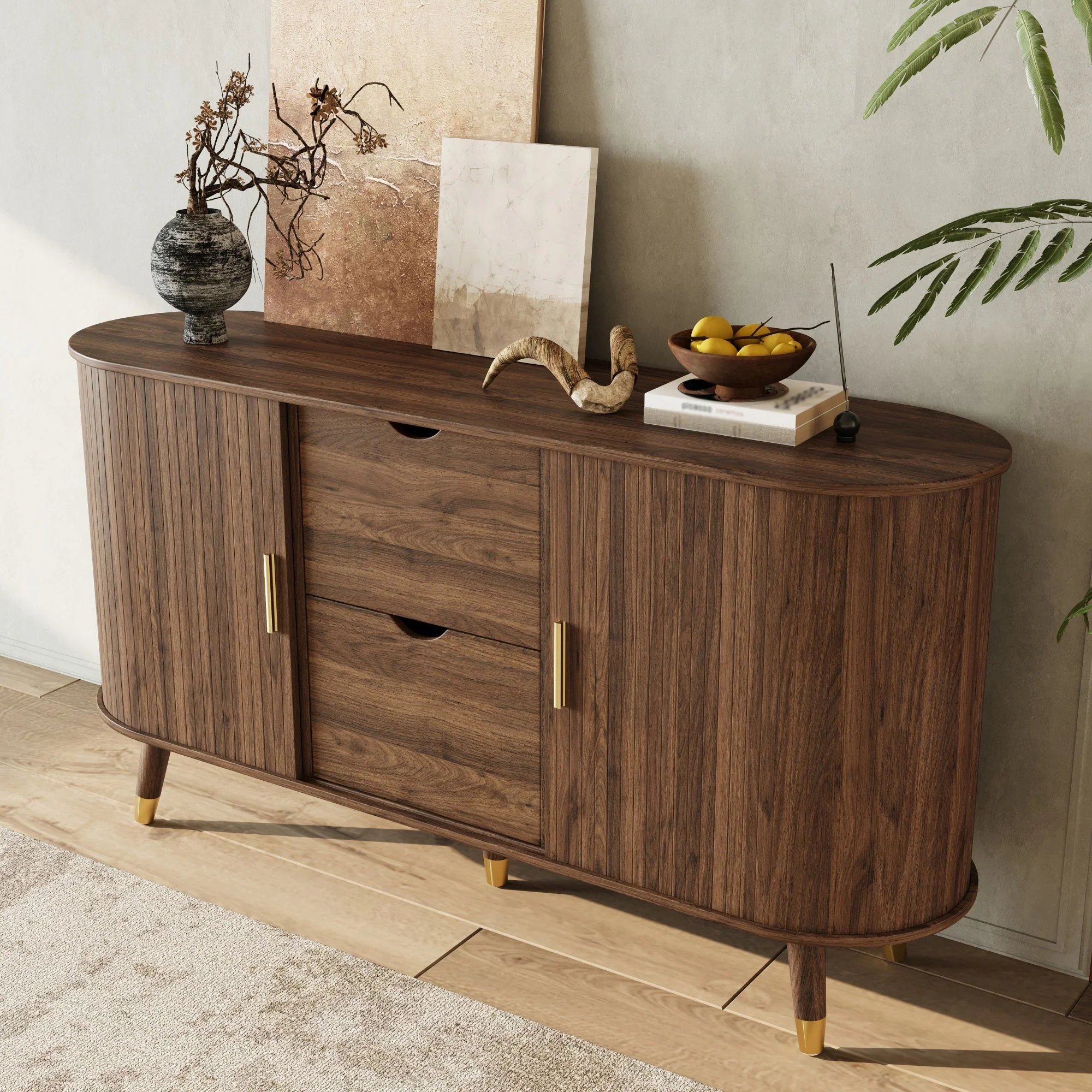 Sideboard with Sliding Doors, Drawers and Rounded Corners, Solid Wood Legs - Image 6
