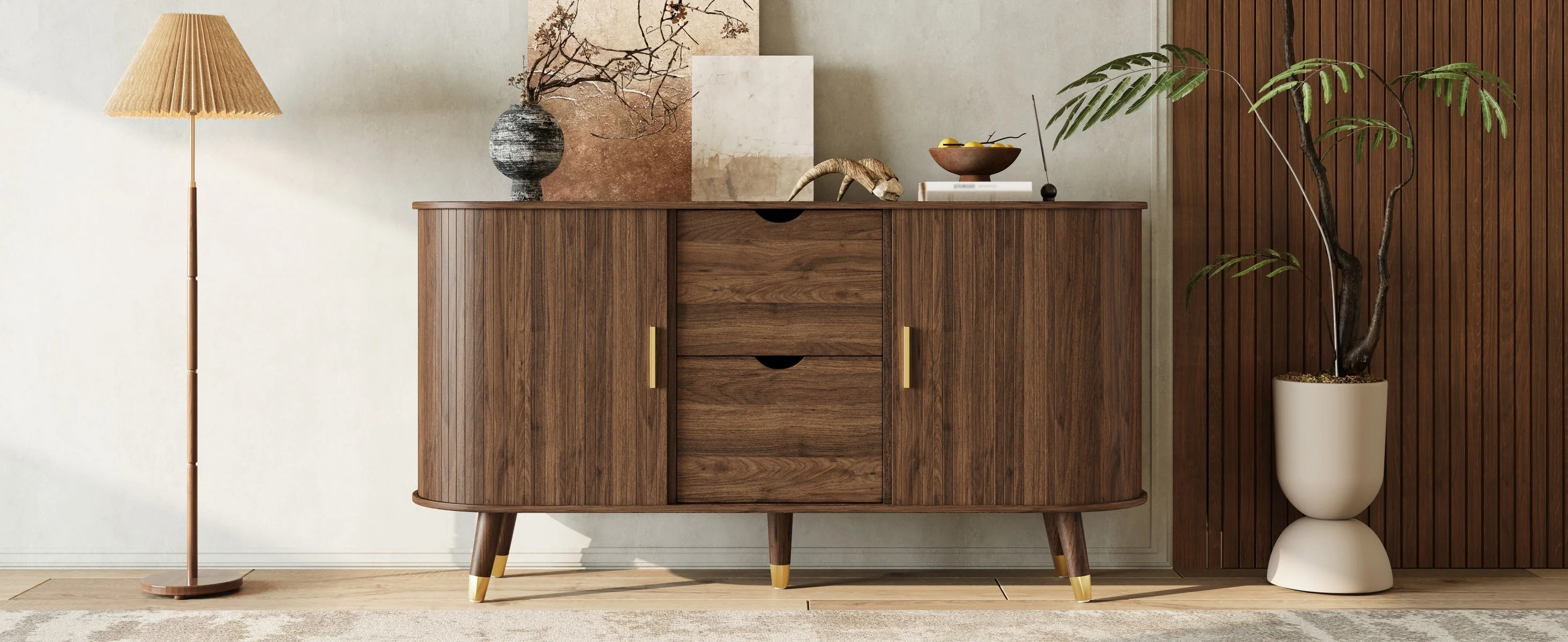 Sideboard with Sliding Doors, Drawers and Rounded Corners, Solid Wood Legs - Image 7