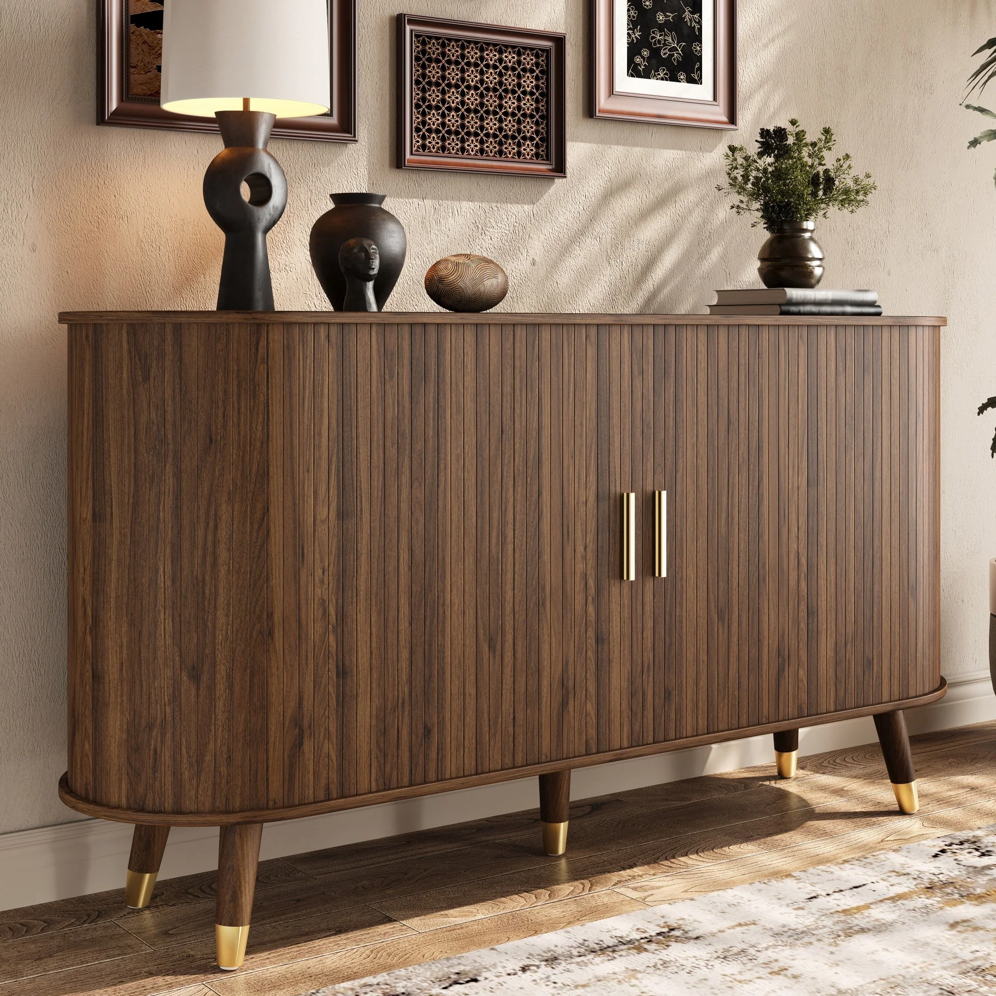 Sideboard with Sliding Doors, Drawers and Rounded Corners, Solid Wood Legs - Image 8