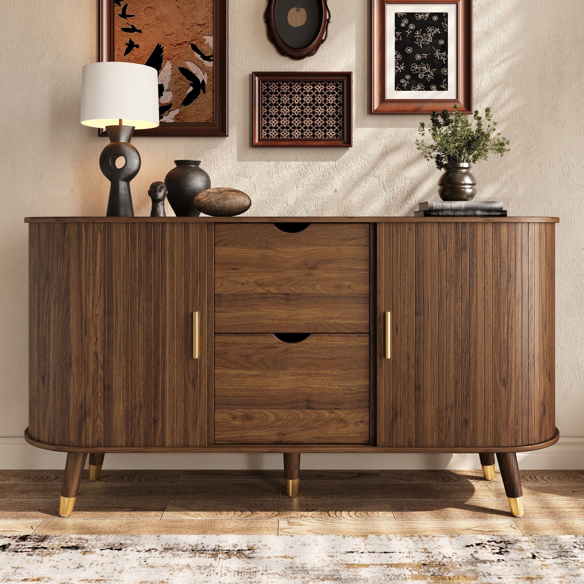 Sideboard with Sliding Doors, Drawers and Rounded Corners, Solid Wood Legs - Image 9