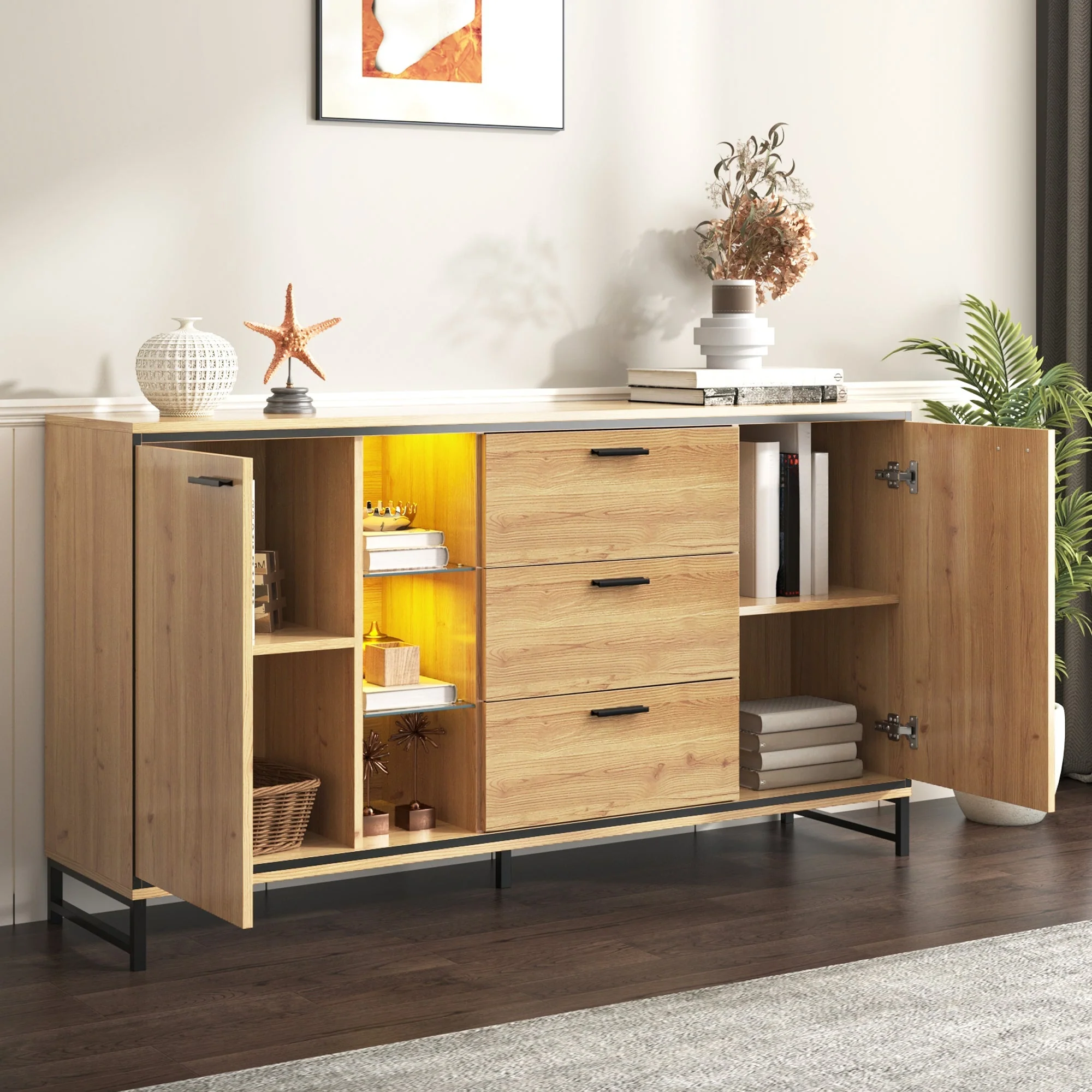 Sideboard with Three Drawers, Storage Compartments, Black and Wood Color - Image 2
