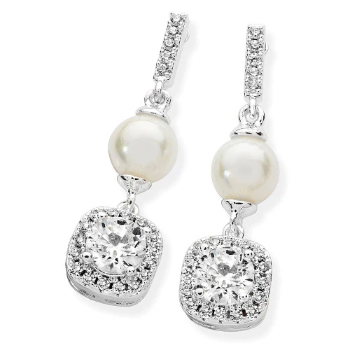 Silver Pearl Bar CZ Drop Earrings