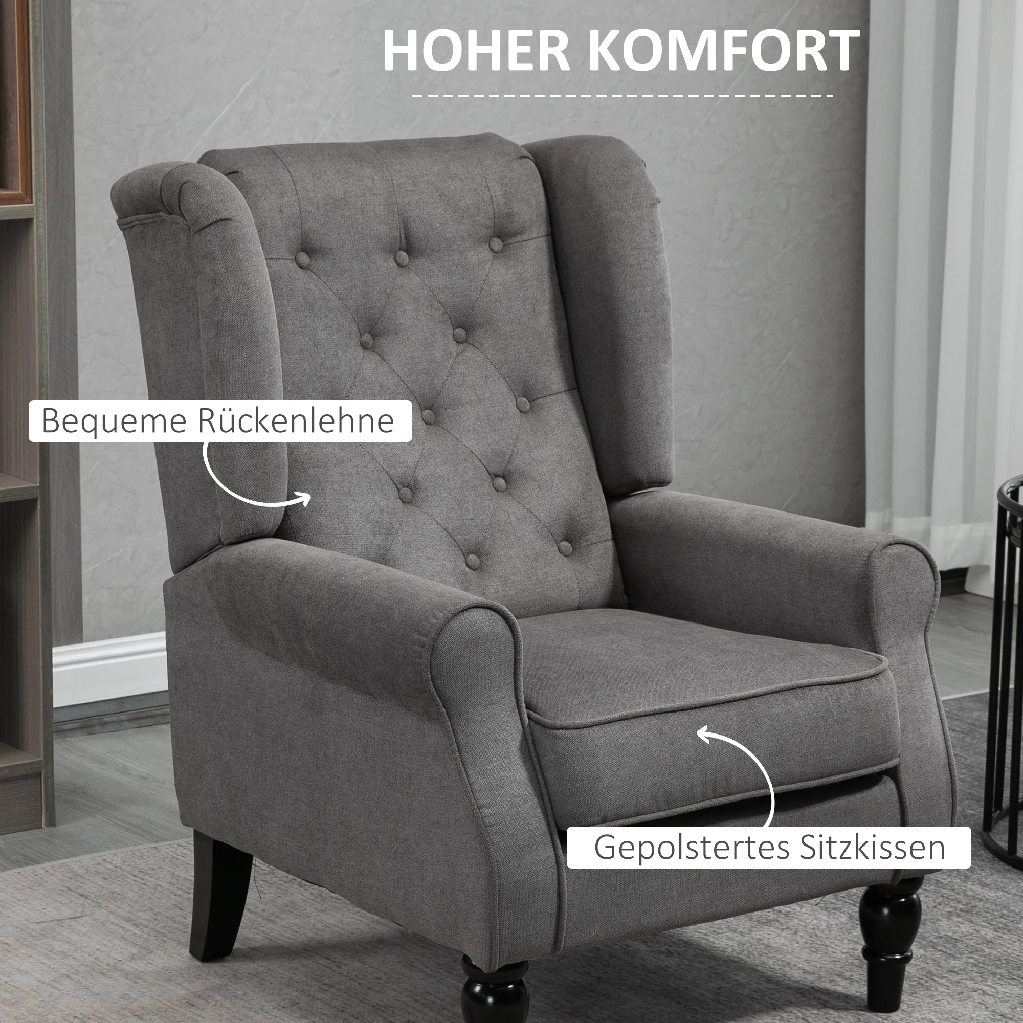 Single Armchair, Wingback Chair, Tufted, Dark Grey Polyester - Image 5