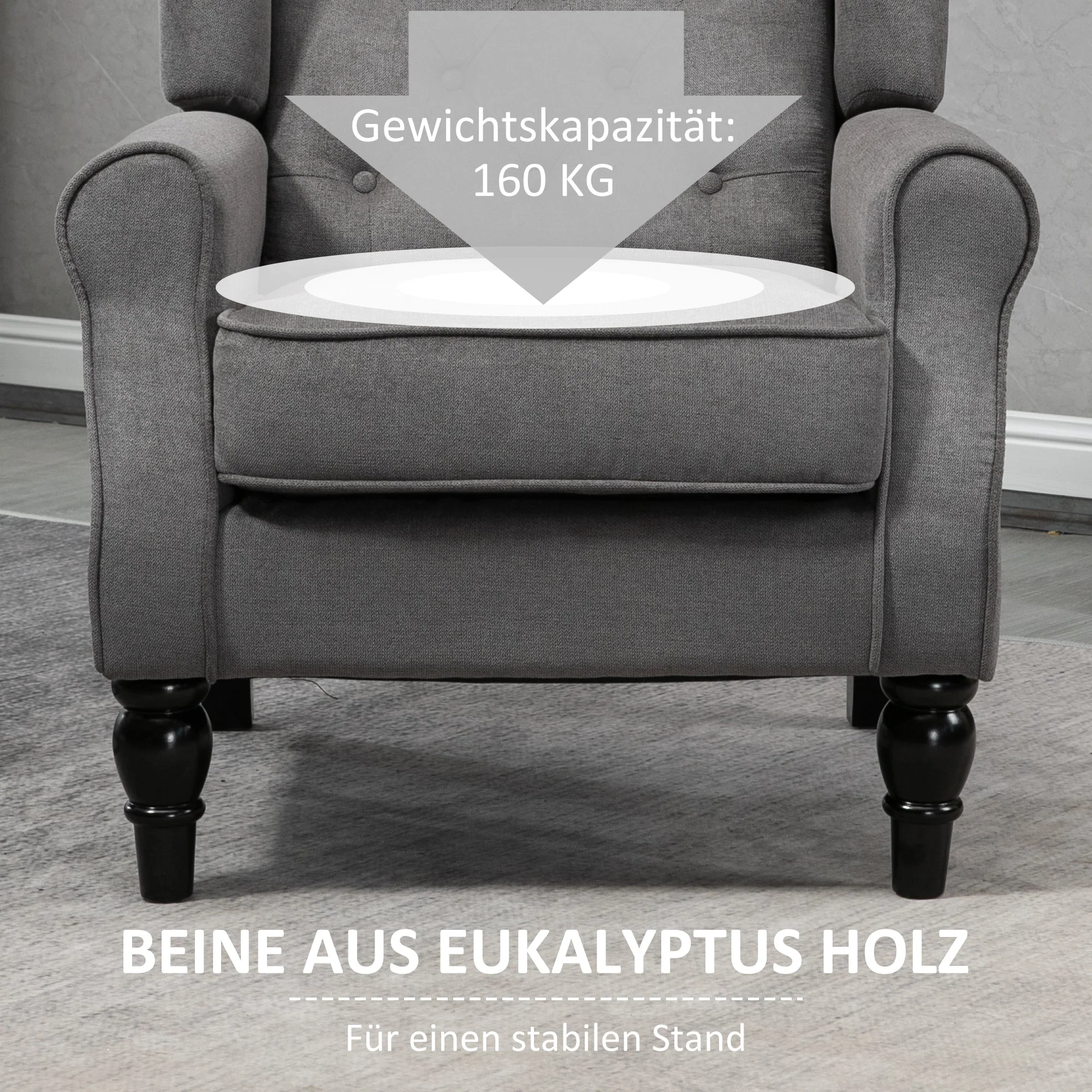 Single Armchair, Wingback Chair, Tufted, Dark Grey Polyester - Image 6