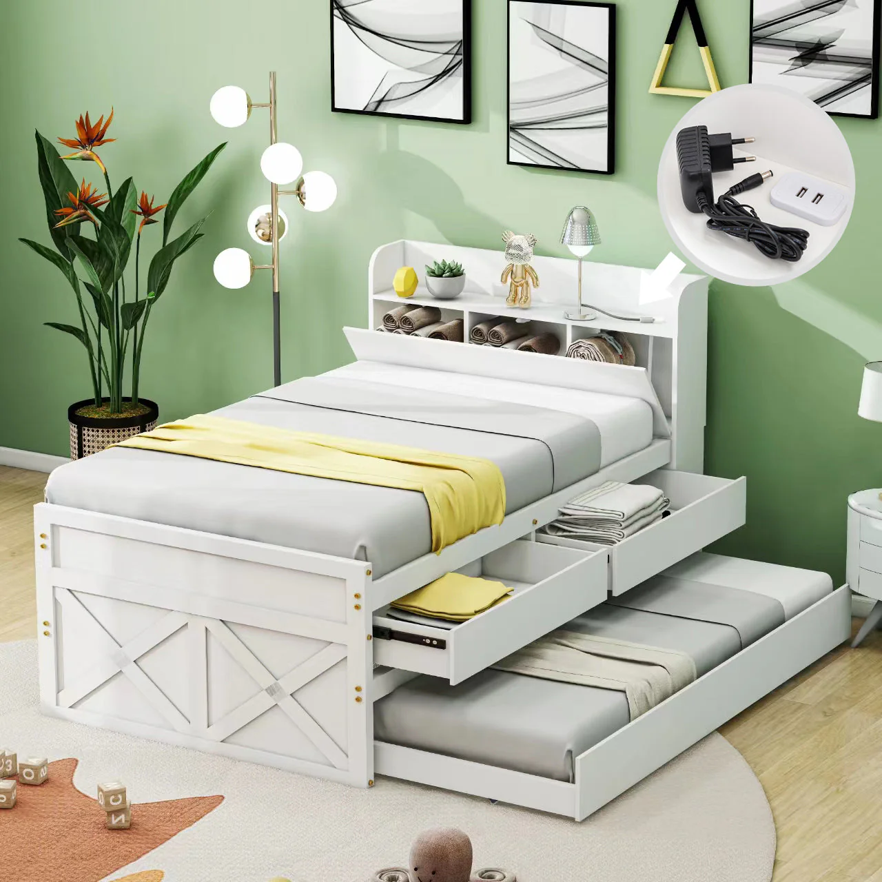 Single Bed, 90x190 Multifunctional with Drawer & USB Bedside Table, White Pine