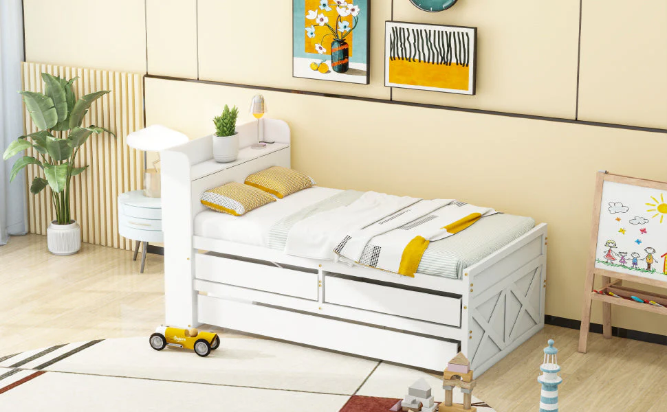 Single Bed, 90x190 Multifunctional with Drawer & USB Bedside Table, White Pine - Image 10