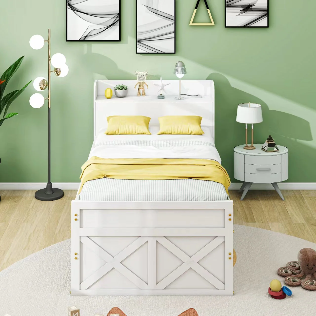 Single Bed, 90x190 Multifunctional with Drawer & USB Bedside Table, White Pine - Image 2