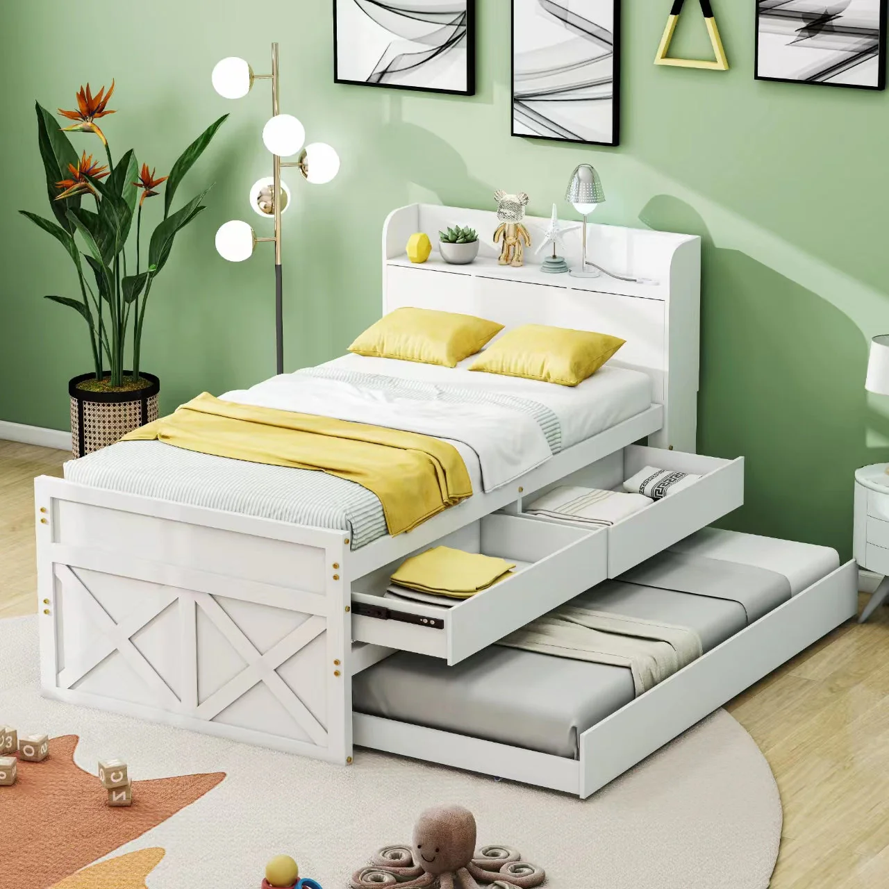 Single Bed, 90x190 Multifunctional with Drawer & USB Bedside Table, White Pine - Image 3
