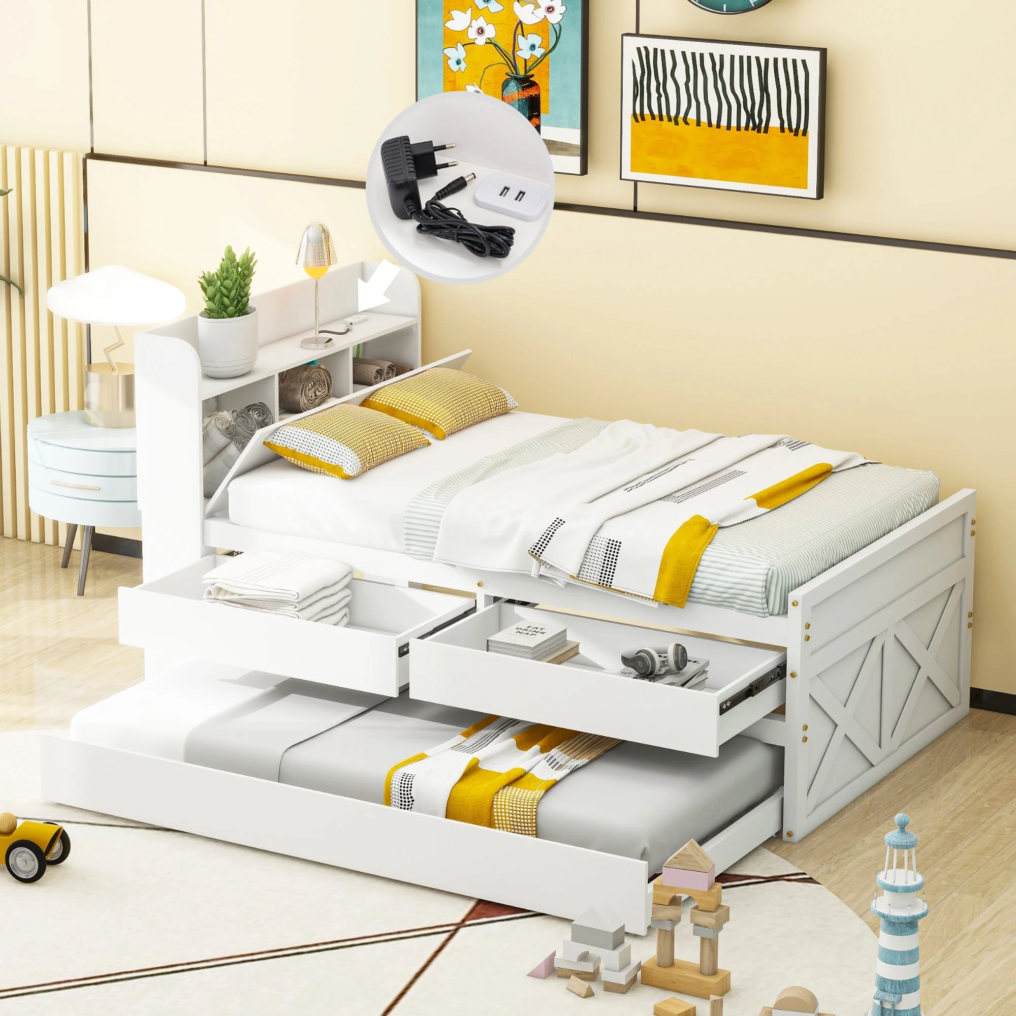 Single Bed, 90x190 Multifunctional with Drawer & USB Bedside Table, White Pine - Image 4