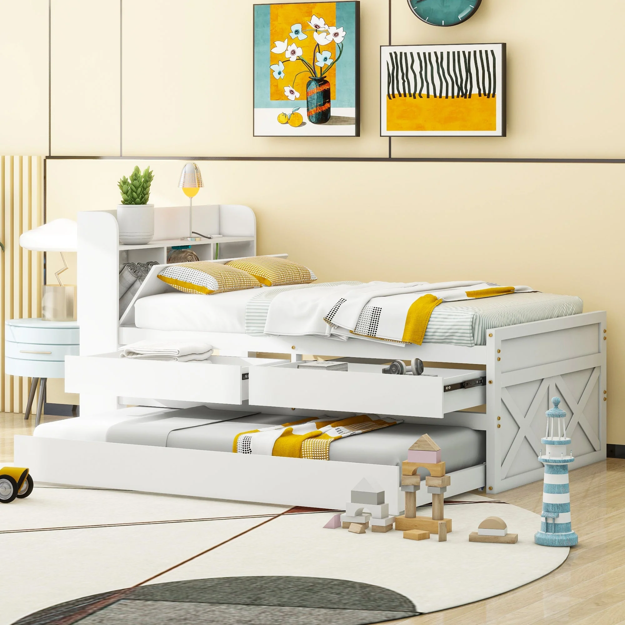 Single Bed, 90x190 Multifunctional with Drawer & USB Bedside Table, White Pine - Image 5
