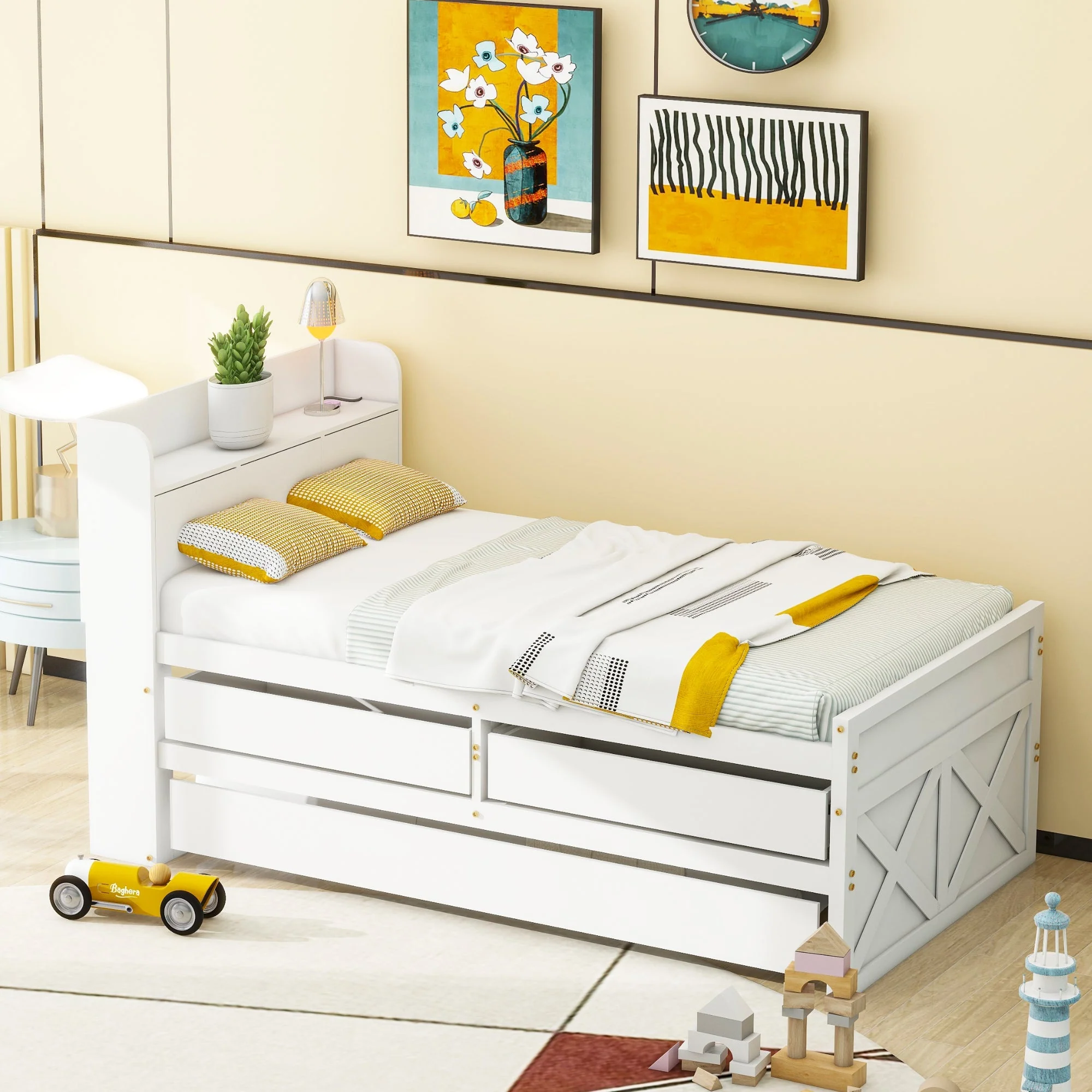 Single Bed, 90x190 Multifunctional with Drawer & USB Bedside Table, White Pine - Image 6