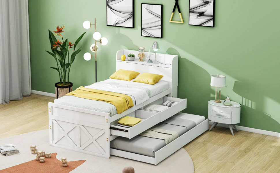 Single Bed, 90x190 Multifunctional with Drawer & USB Bedside Table, White Pine - Image 7