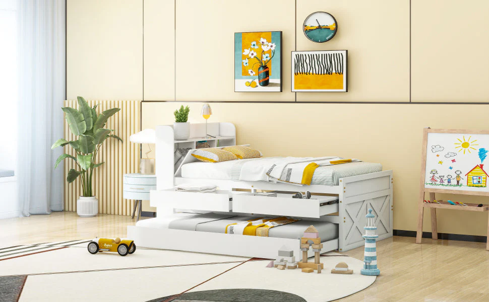 Single Bed, 90x190 Multifunctional with Drawer & USB Bedside Table, White Pine - Image 9