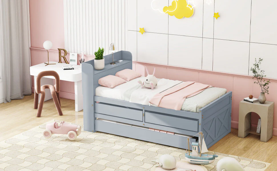 Single Bed, 90x190 Multifunctional with Drawer & USB, Gray Pine - Image 10
