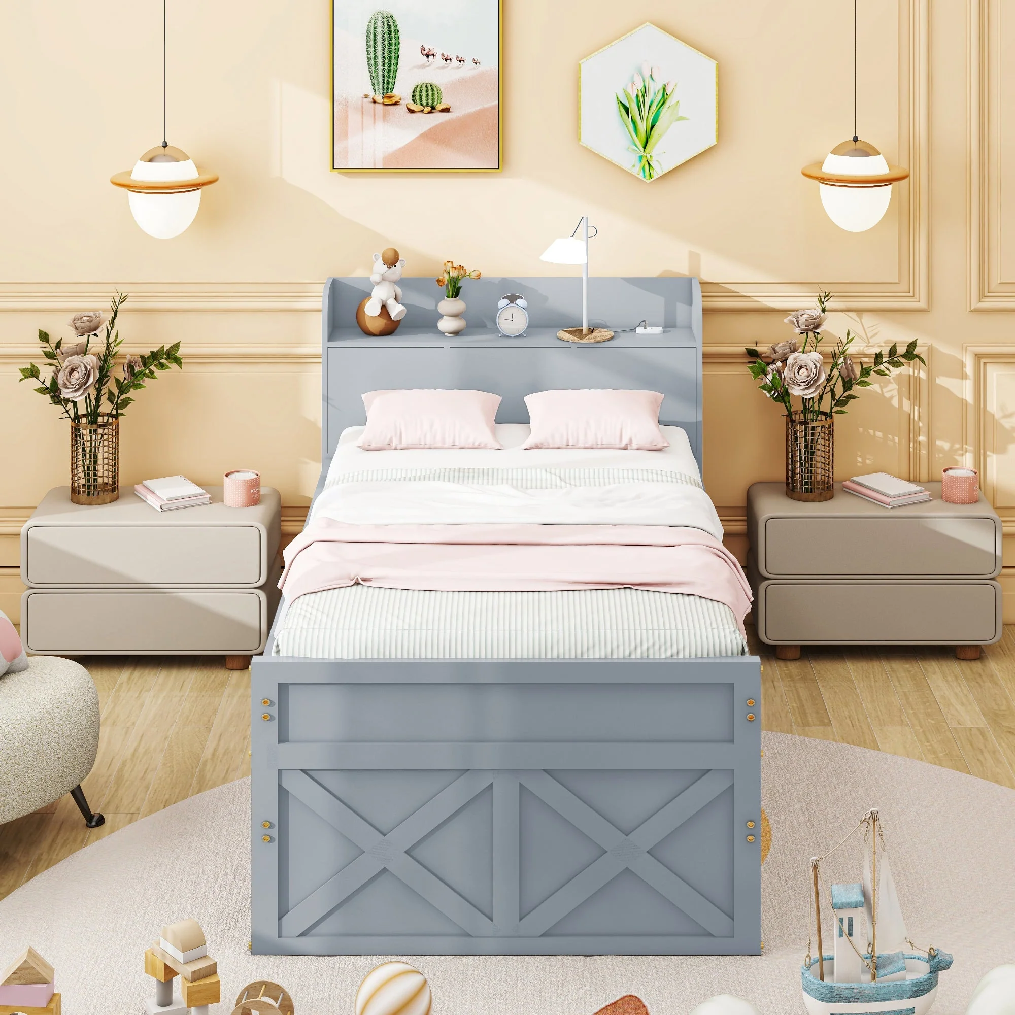 Single Bed, 90x190 Multifunctional with Drawer & USB, Gray Pine - Image 2