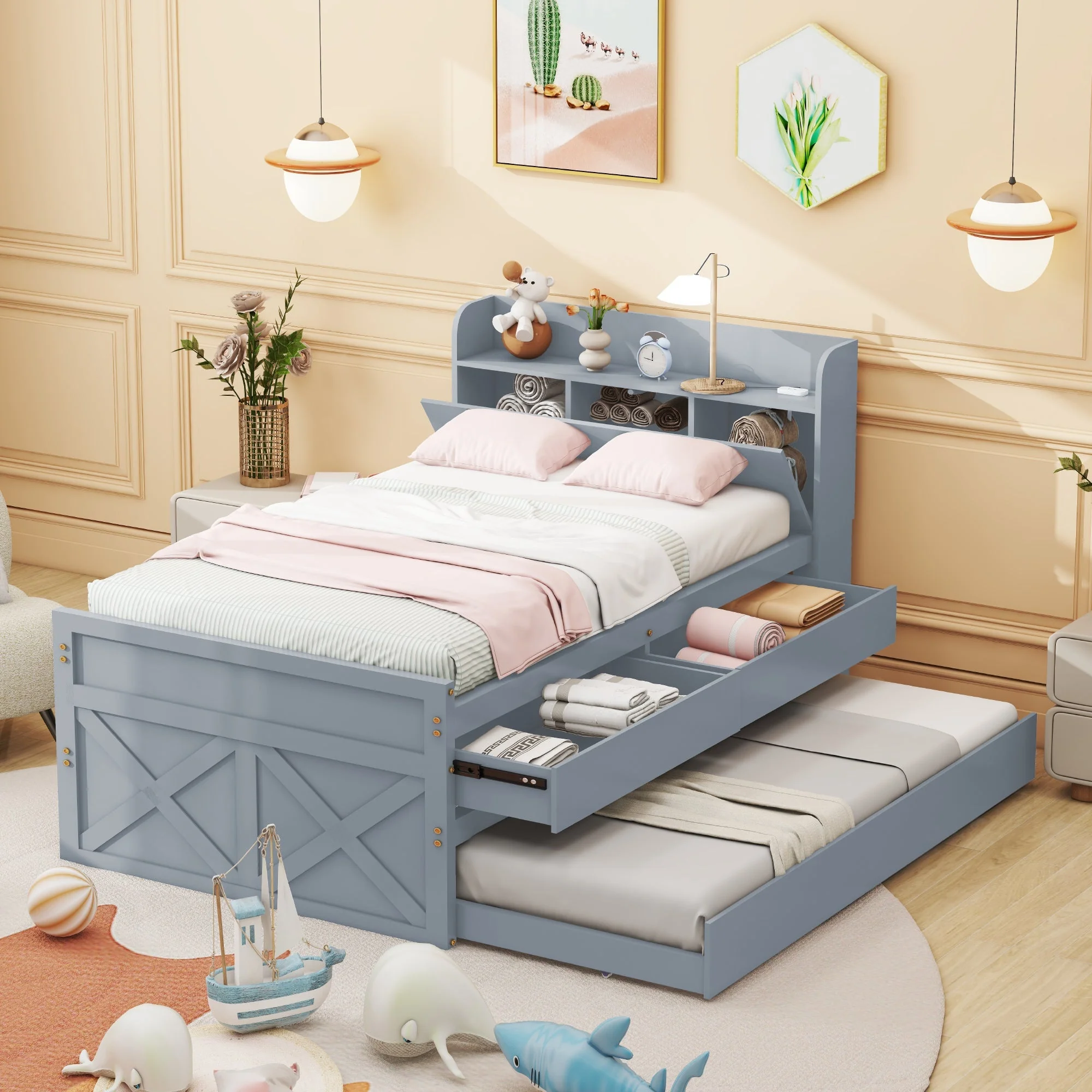 Single Bed, 90x190 Multifunctional with Drawer & USB, Gray Pine - Image 3